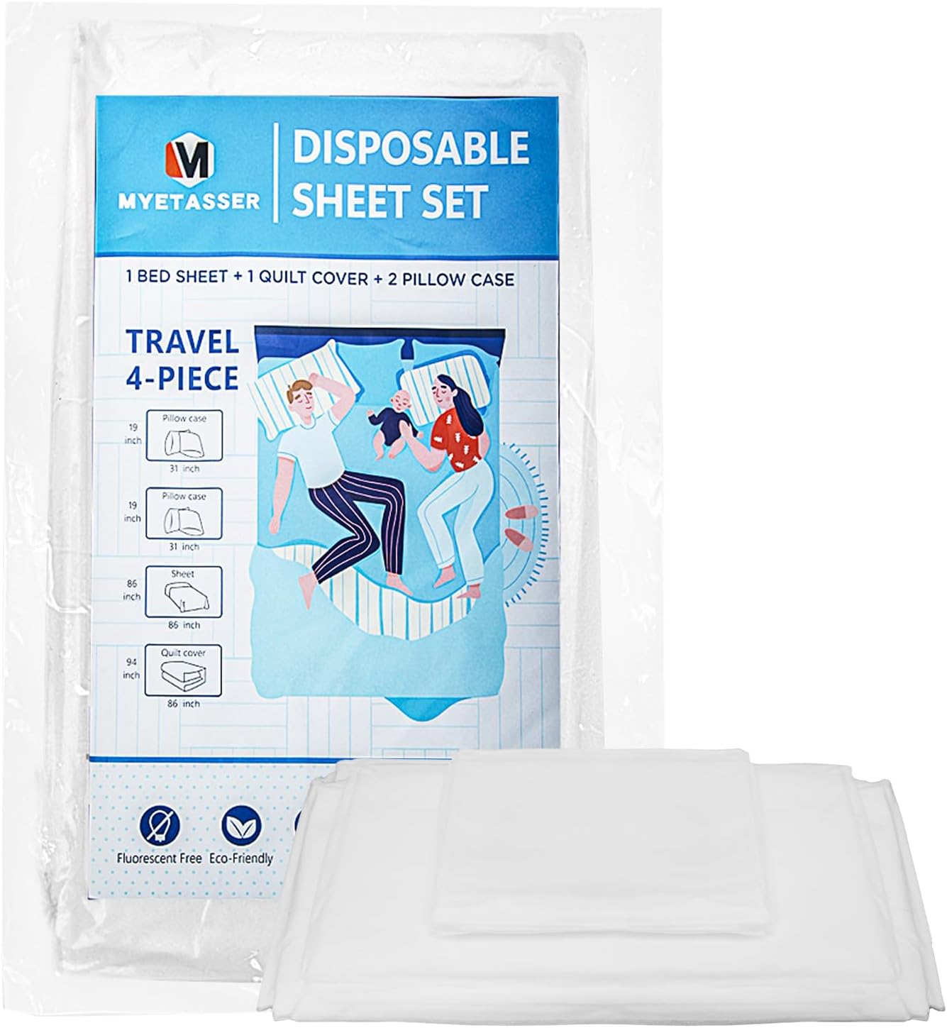 Disposable Sheets Set for Travel, Travel Bedding Set for Hotel Kingsize, with Sheet Quilt Cover and 2 Pillowcase, for Hotel/Travel/Home Vistor, Hypoallergenic Premium Non-woven Fabric