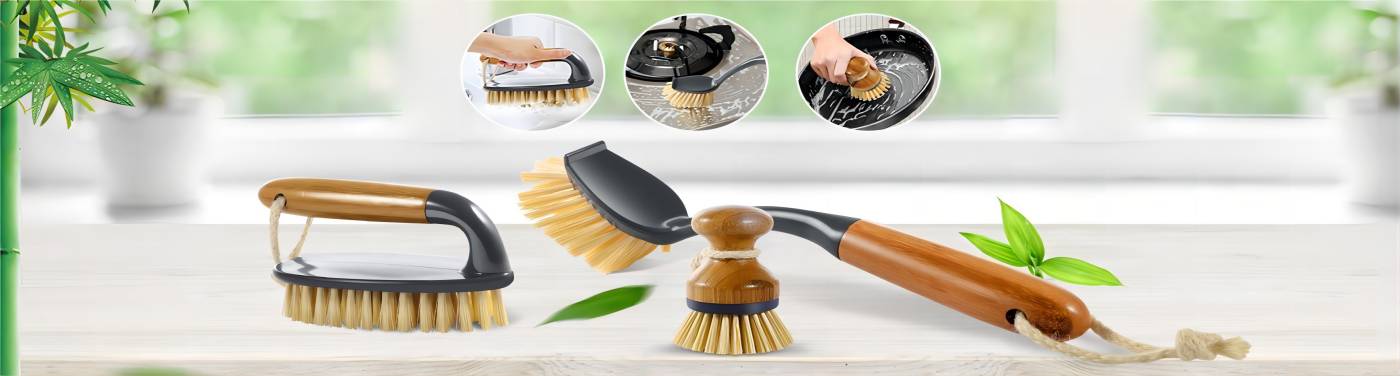 Dish Scrub Brush Bamboo - S&C Kitchen, Cleans Pan/Vegetable/Dishes/Wok, Bamboo Scrub Brush for Kitchen/Bathroom, Made Out of Palm & Sisal Bristles with a Handle, Vegetable Brush for Cleaning, Set of 2