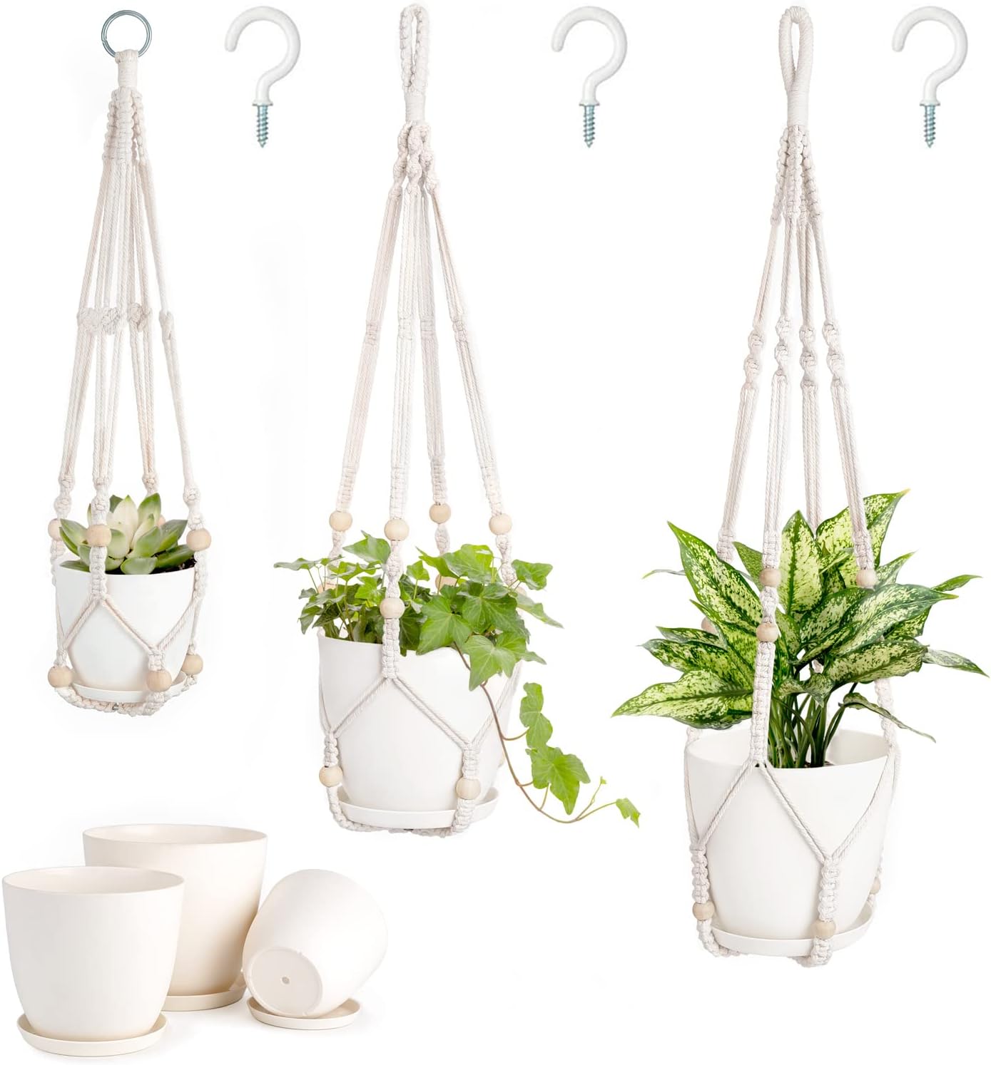 Mkono 3 Pack Macrame Plant Hangers with Pots, 35/29/23 Indoor Different Size Hanging Planter Basket Flower Pot Holder with Saucers & Hooks No Tassels (Plastic Pots Included), Medium, Ivory