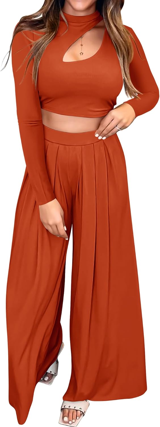 BTFBM Women' 2 Piece Tracksuit Outfits Cutout Long Sleeve Crop Top Wide Leg Pant Ribbed Knit Sweatsuits Yoga Lounge Set