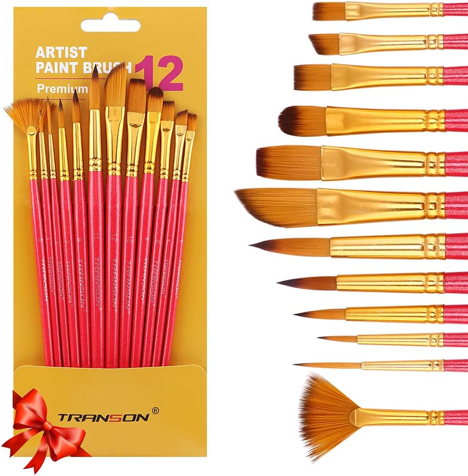 Transon Artist Paint Brush Set of 12 for Acrylic Watercolor Gouache Oil Craft Painting Pink