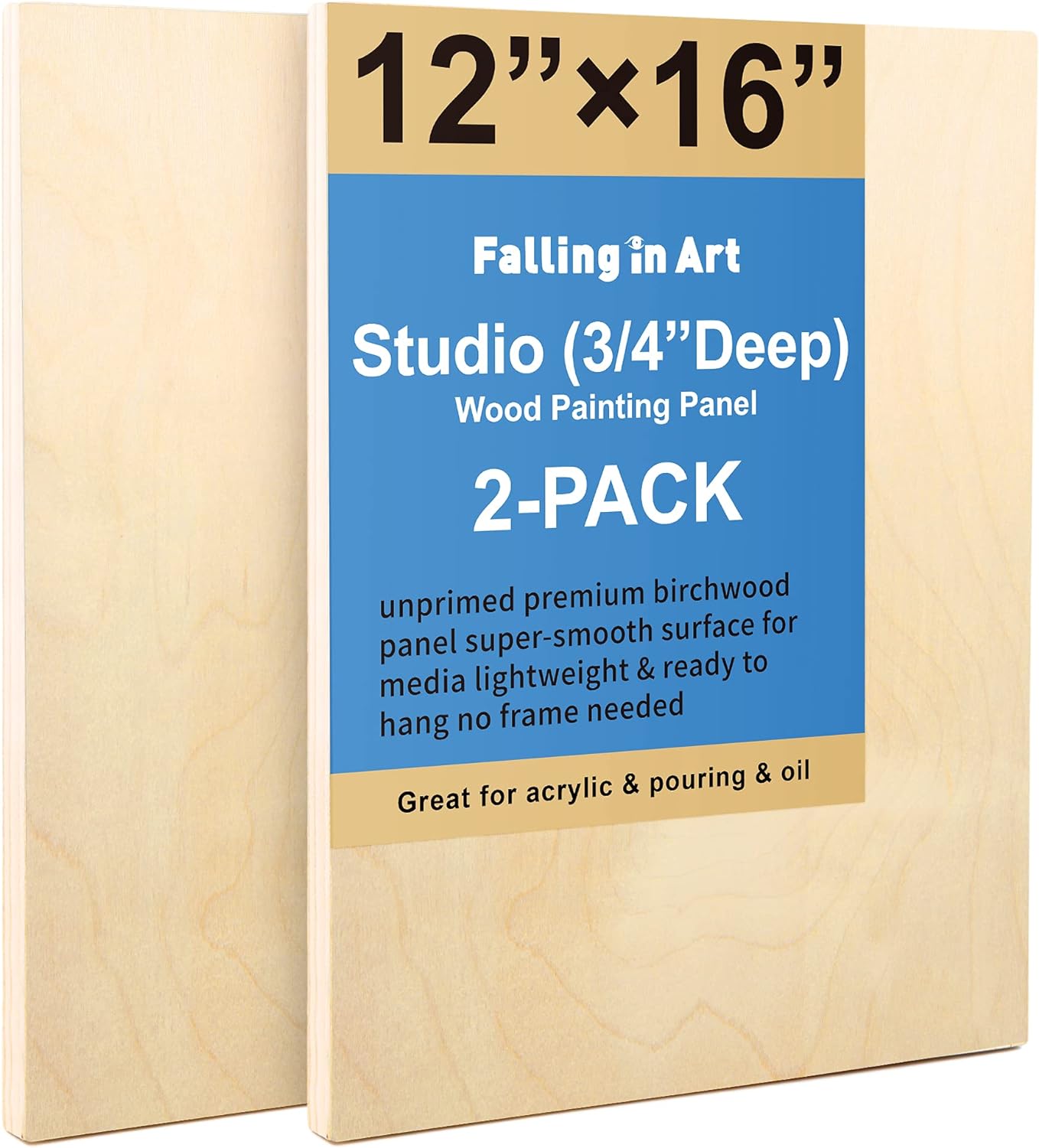 Unfinished Birch Wood Canvas Panels Kit, Falling in Art 2 Pack of 12x16 Studio 3/4 Deep Cradle Boards for Pouring Art, Crafts, Painting, and More