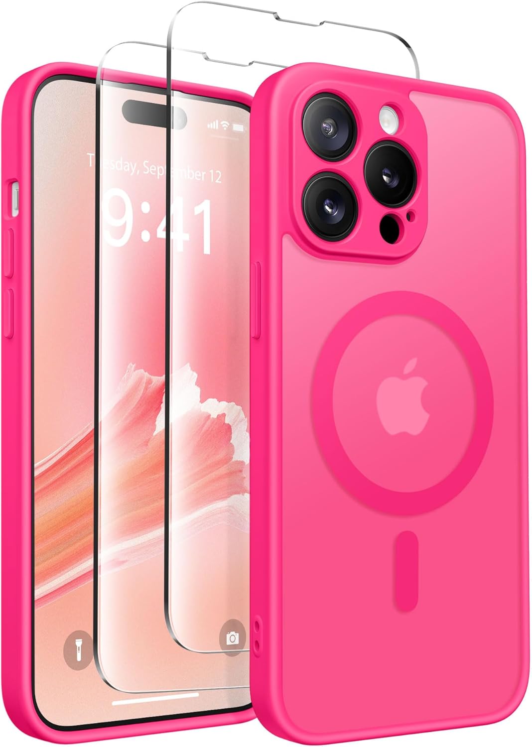 Magnetic for iPhone 14 Pro Case, [Compatible with MagSafe] [Full Camera Protection] Shockproof Slim Thin Case Cover for Women Men Girls Translucent Matte Phone Case, Hot Pink