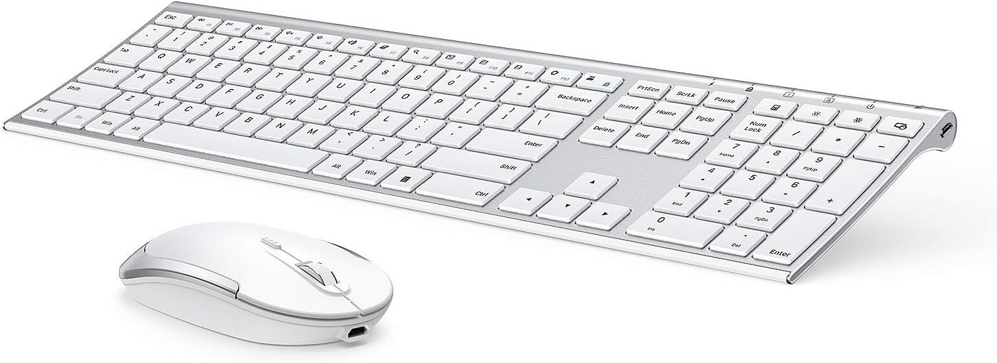 Wireless Keyboard and Mouse, Vssoplor 2.4GHz Rechargeable Compact Quiet Full-Size Keyboard and Mouse Combo with Nano USB Receiver for Windows, Laptop, PC, Notebook-White Silver