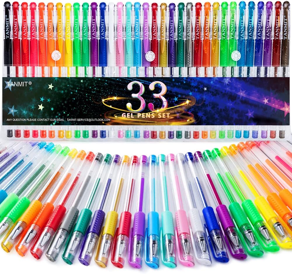 TANMIT Gel Pens, 33 Color Gel Pen Fine Point Colored Pen Set with 40% More Ink for Adult Coloring Books, Drawing, Doodling, Scrapbooks Journaling