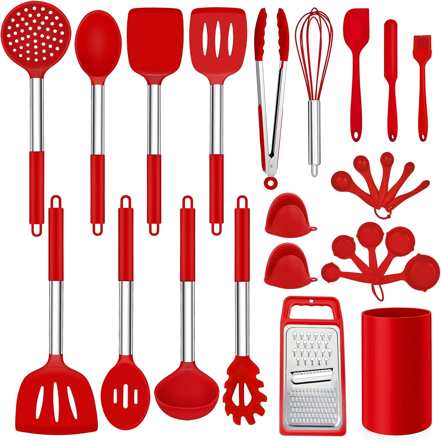 LIANYU 27 PCS Kitchen Utensils Set with Holder, Silicone Cooking Utensils Spatula Set with Stainless Steel Handle, Kitchen Cooking Gadgets Tools for Nonstick Cookware Set, Heat Resistant, Red