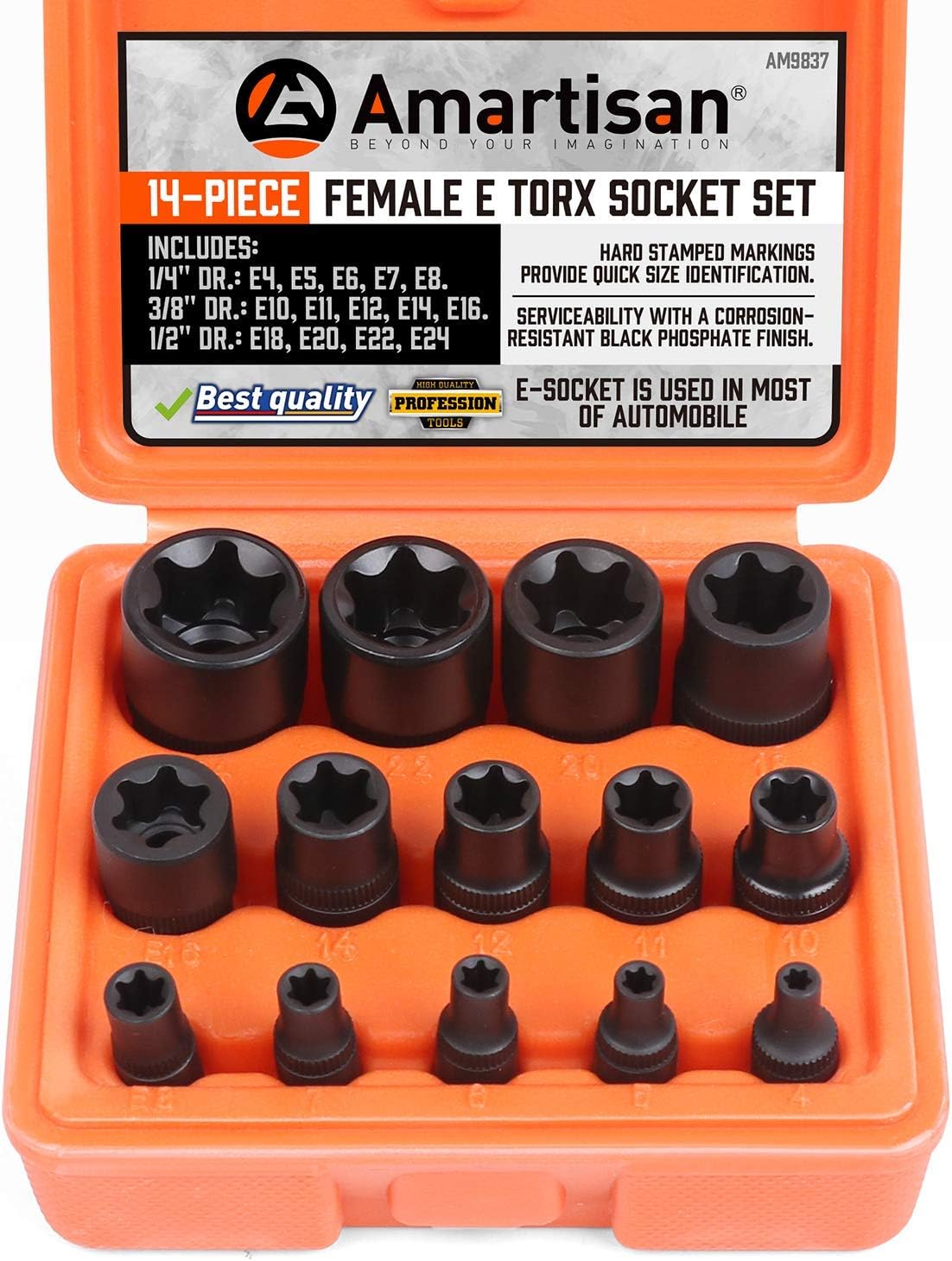 Amartisan 14 Pc Female E-Torx Star Socket Set/Rail, 1/4 3/8 1/2 Drive, E24 External Torque Socket Set