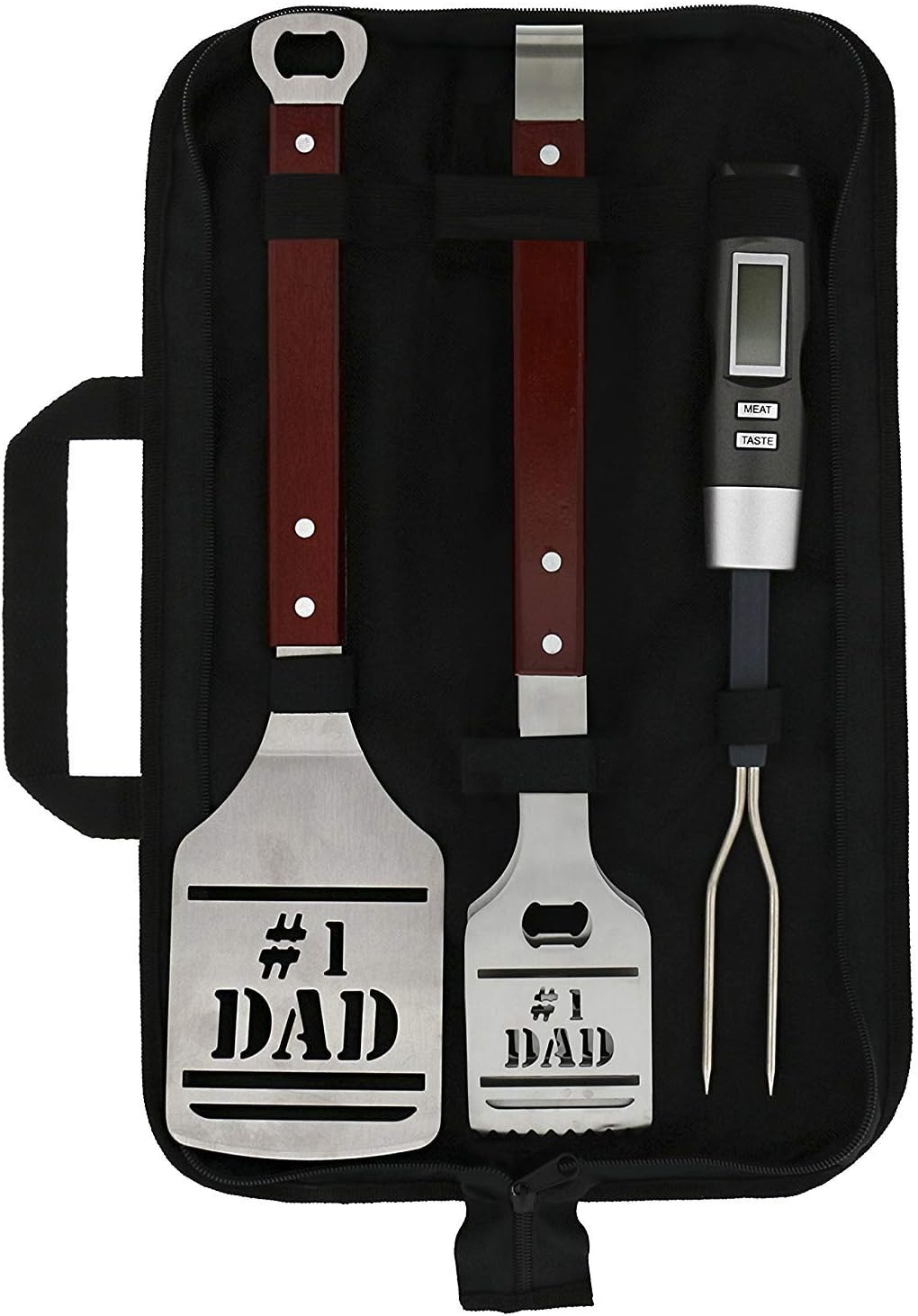 BBQ Grill Tools Set Gift for Dad, 4 Piece Set, Number 1 Dad Tongs, Spatula, Digital Thermometer and Case