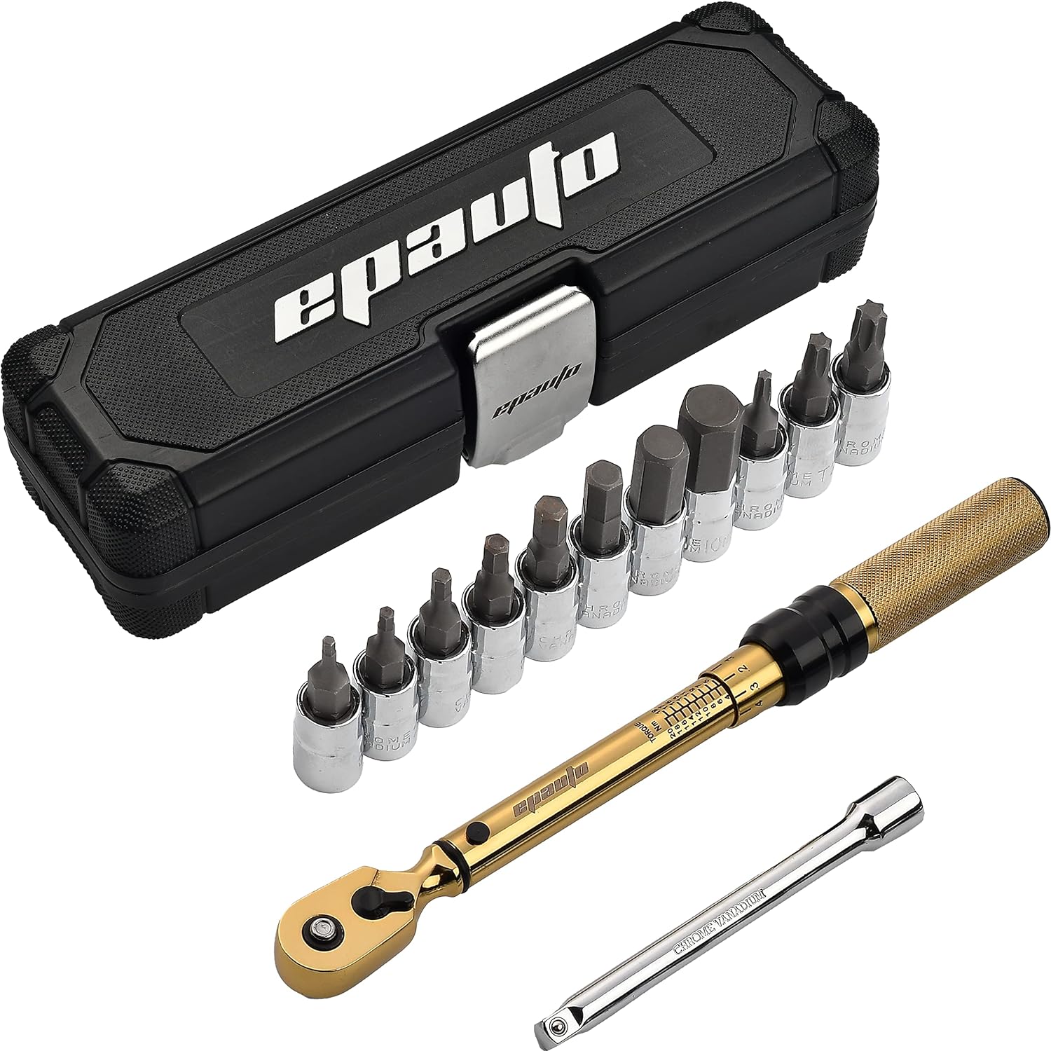 EPAuto Bike Tool 1/4 Inch Drive Click Torque Wrench Set (2 to 20 Nm), Hex/Torx Bit Socket Extension Bar Bicycle Maintenance Kit, Gold