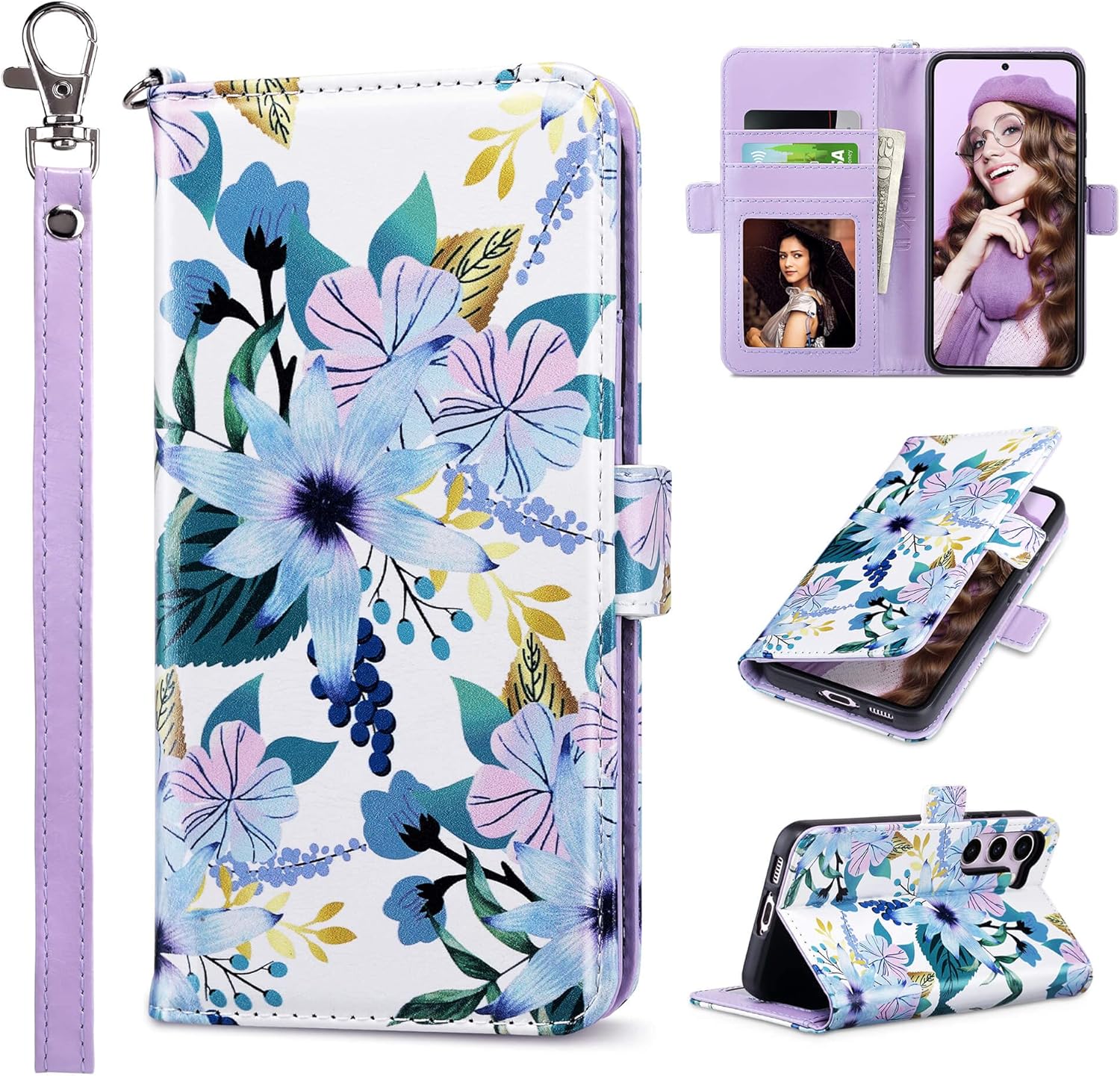 ULAK Compatible with Galaxy S23 5G Wallet Case, Samsung S23 Wallet Case for Women Girls, PU Leather Flip Case with Card Holders Kickstand Shockproof TPU Inner Phone Cover 6.1 Inch (2023), Flower