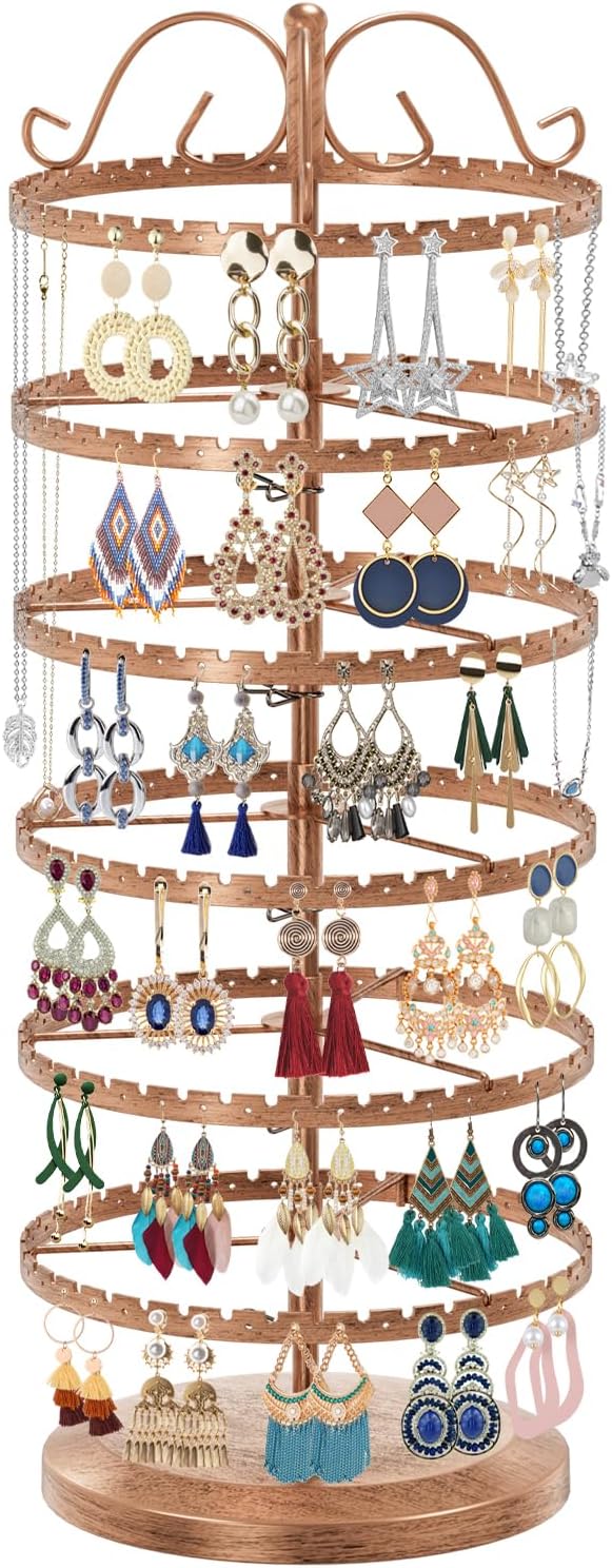 LASZOLA 6 Tier Rotating Earring Holder Organizer, Adjustable Metal Jewelry Display Stand for Women Girls, 480 Holes and Grooves Large Stud Earring Rack Tower Tree for Necklace Bracelet Ring (Bronze)