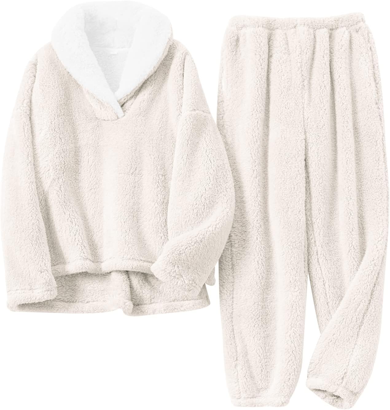 Gihuo Women' s Fluffy Pajamas Set Fleece Pullover Pants Loose Plush Sleepwear 2 Piece Pjs Set Warm Loungewear Fuzzy(Beige-Large)