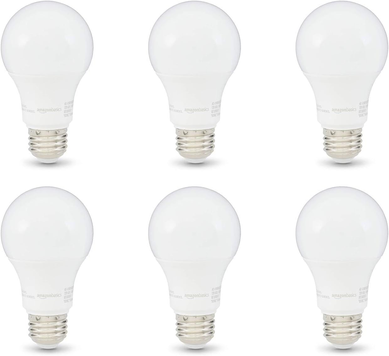 Amazon Basics A19 LED Light Bulb, 60 Watt Equivalent, Energy Efficient 12W, E26 Standard Base, Soft White 2700K, Dimmable, 10,000 Hour Lifetime , 6-Pack