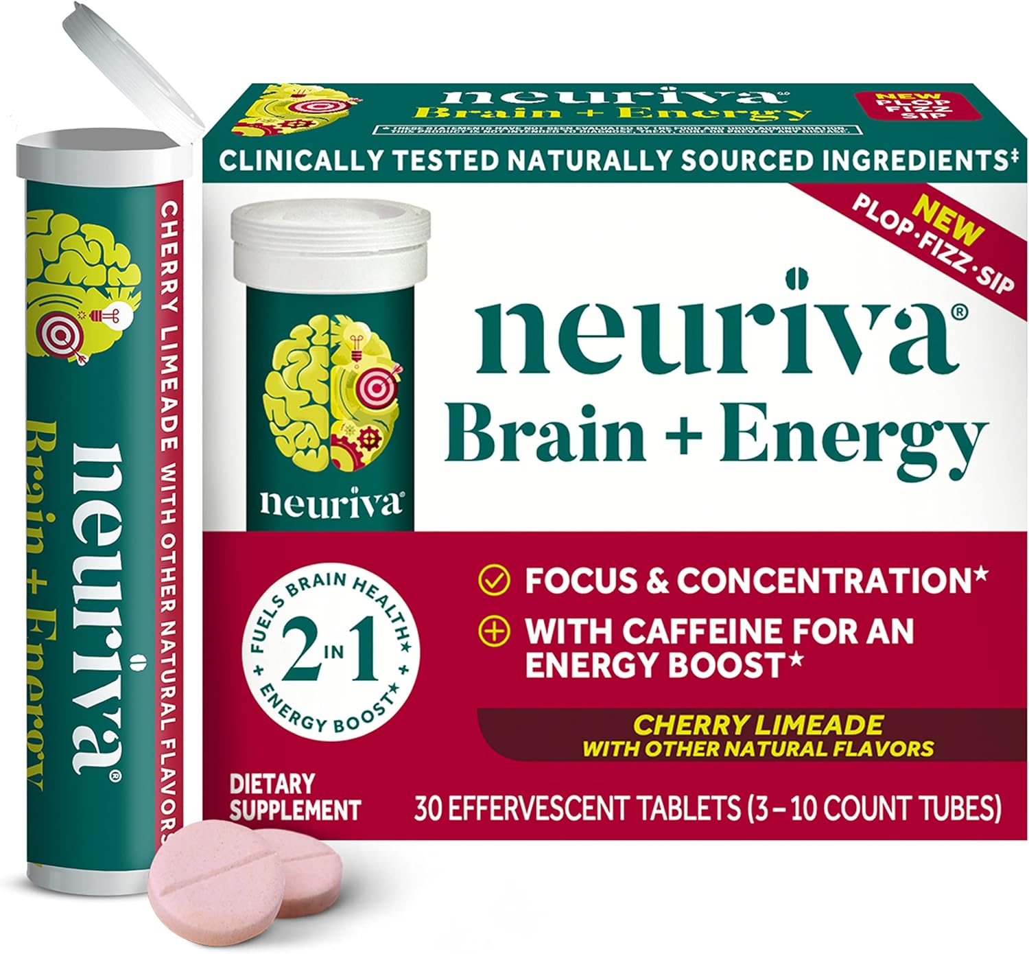 NEURIVA Brain   Energy Supplement with Clinically Tested Neurofactor For Focus & Concentration, Vitamin B12, & 150mg of Caffeine For An Immediate Energy Boost, 30ct Cherry Limeade Effervescent Tablets