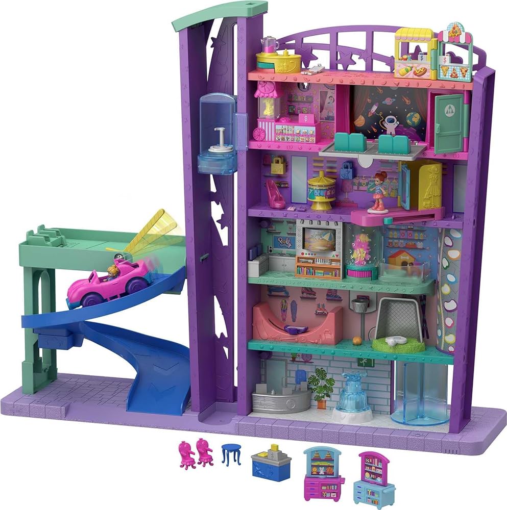 Polly Pocket Playset with 3 Micro Dolls, 1 Toy Car, Food and Shopping Accessories, Pollyville Mega Mall Toy