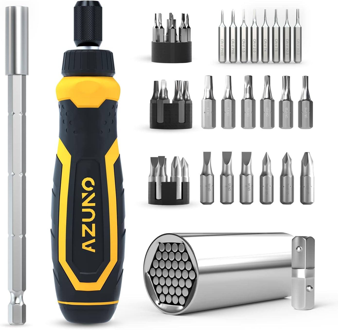 AZUNO 24 IN 1 Ratchet Screwdriver Set with Universal Socket, 20 CRV Bits Stored in Handle, 12 8 Slotted/Philips/Torx/Hex/Square Sand Blasted Bits and Chrome Plated Precision bits.