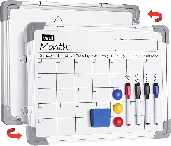 Gamenote Magnetic Monthly Dry Erase Board for Wall - 16 x 12 Monthly Planner Whiteboard Calendar, Double Sided Memo Notes Boards Hanging White Board for School Restaurant Office (Small)