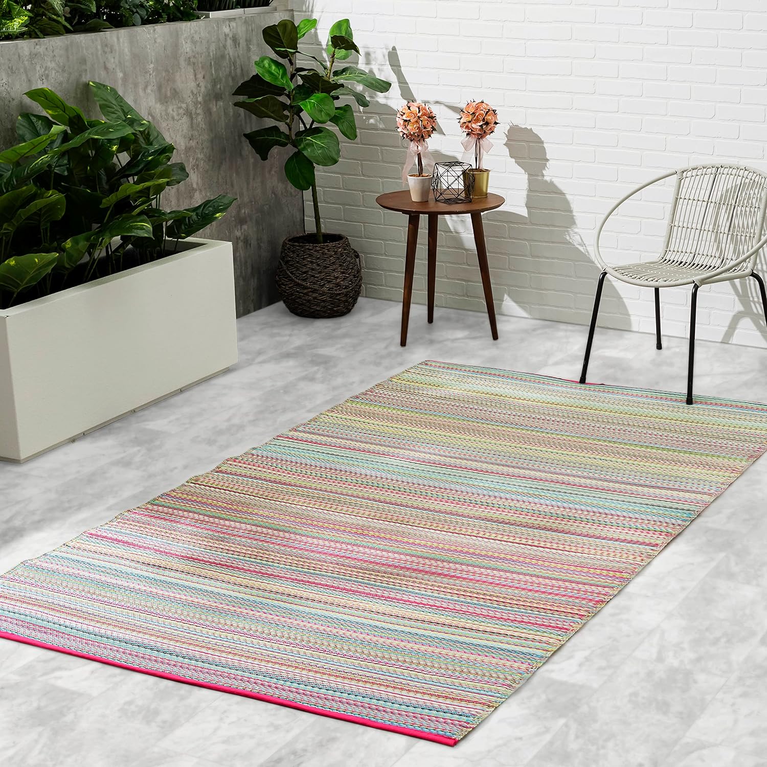 Fab Habitat Outdoor Rug - Waterproof, Fade Resistant, Crease-Free - Premium Recycled Plastic - Striped - Patio, Porch, Deck, Balcony - Cancun - Candy - 5 x 8 ft