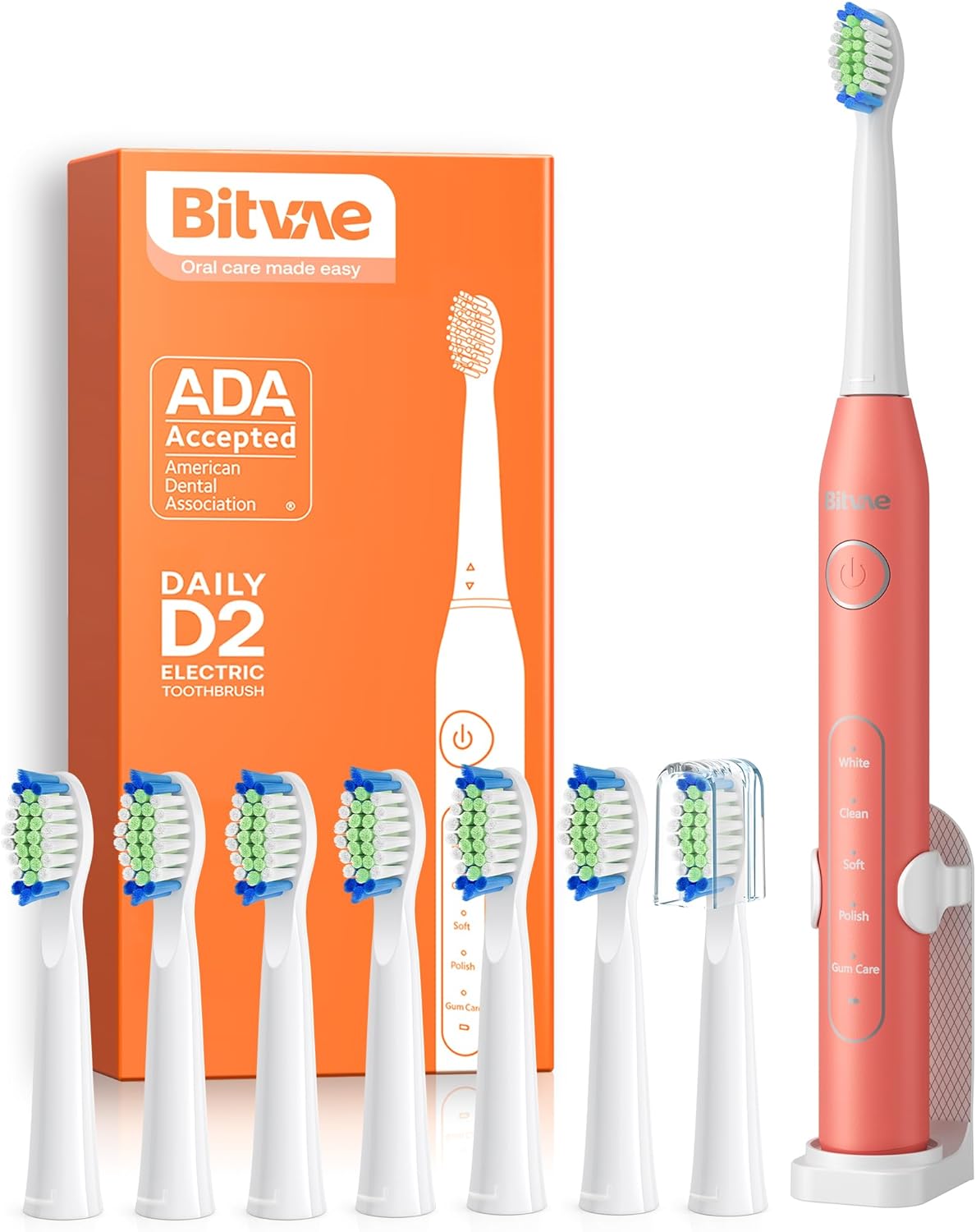 Bitvae Ultrasonic Electric Toothbrush with 8 Brush Heads for Adults and Kids, Rechargeable Travel Toothbrush with a Holder, 5 Modes, Smart Timer, Living Coral D2