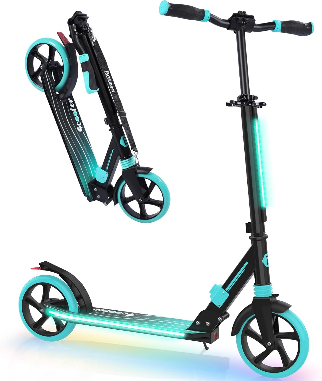 BELEEV V8 Scooter for Kids Ages 6+ with LED Light-Up Stem & Deck, Foldable Big Wheel Scooter with Adjustable Height, Shock Absorption, Carry Strap, 2 Wheel Kick Scooter for Adults, Teens, Up to 220lbs