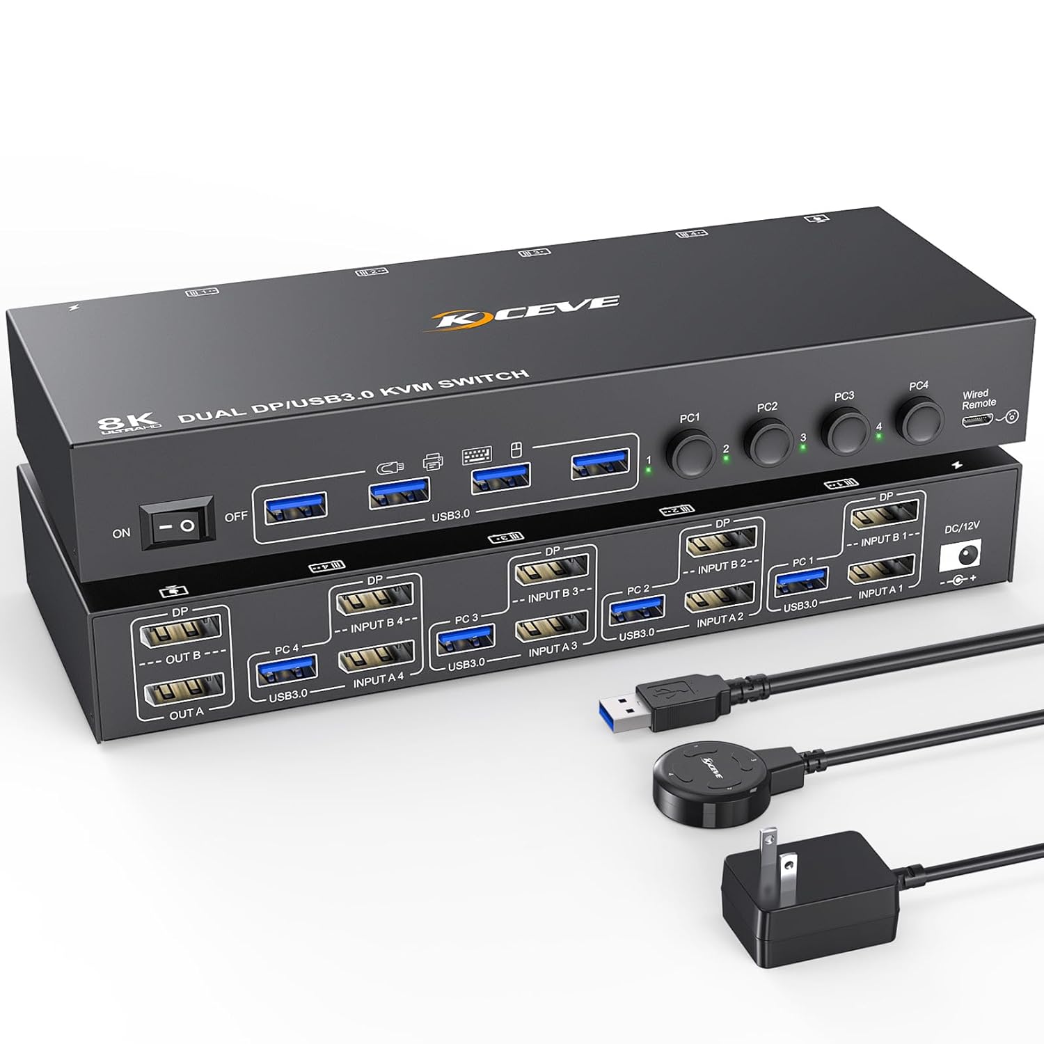 KVM Switch 4 Computer 2 Monitors, KCEVE Dual Monitors Displayport USB 3.0 KVM Switcher, Supports 4K@60Hz for 4 DP Computers Share 2 DP Monitors, Keyboard and Mouse