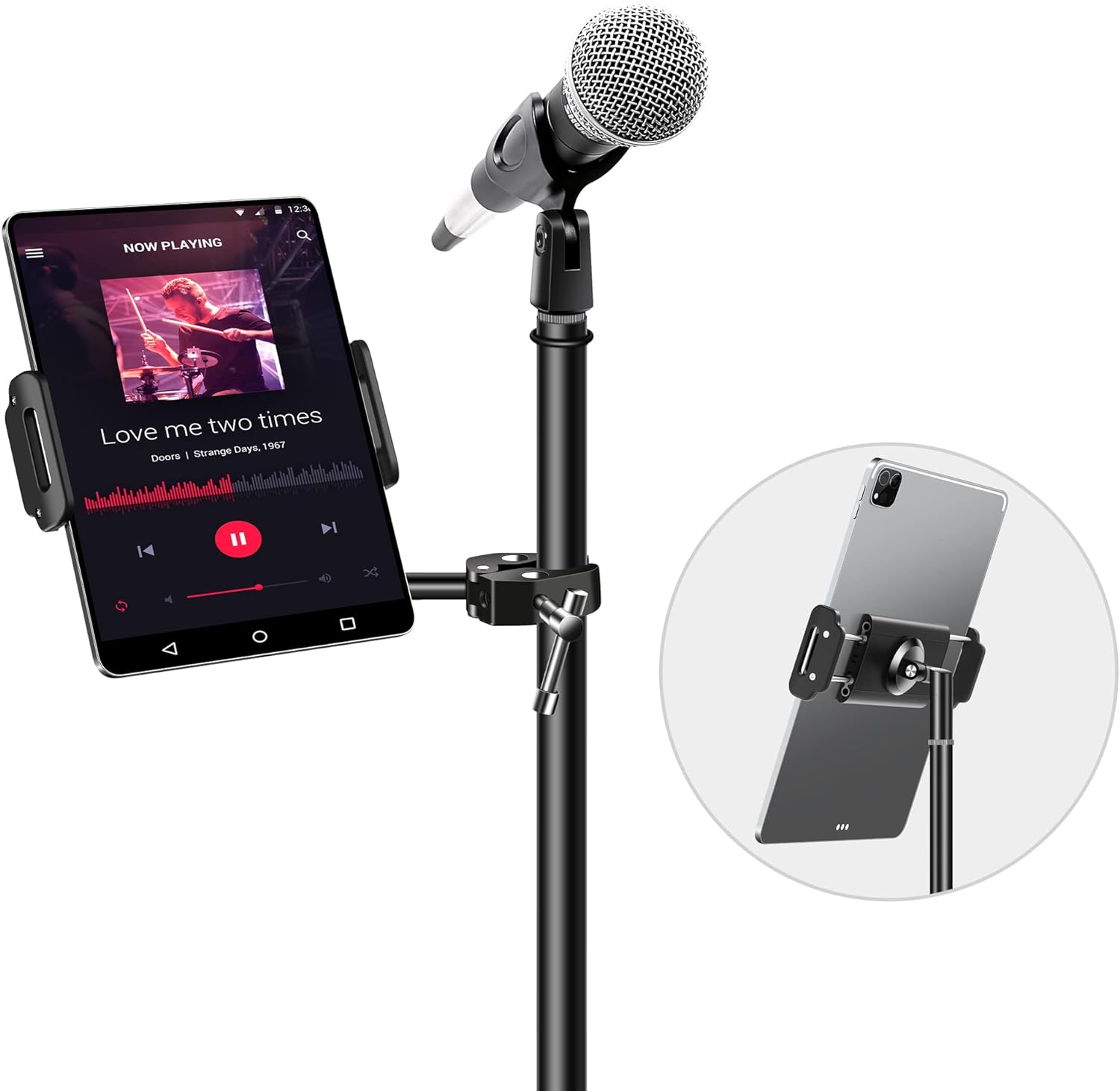 elitehood Newest Aluminum iPad Holder for Mic Stand, Side Mount iPad Music Stand Holder for Microphone, 360° Swivel Tilt Adjustable Mic Stand Tablet Holder for iPad, iPhone and More 4-13in Tablet