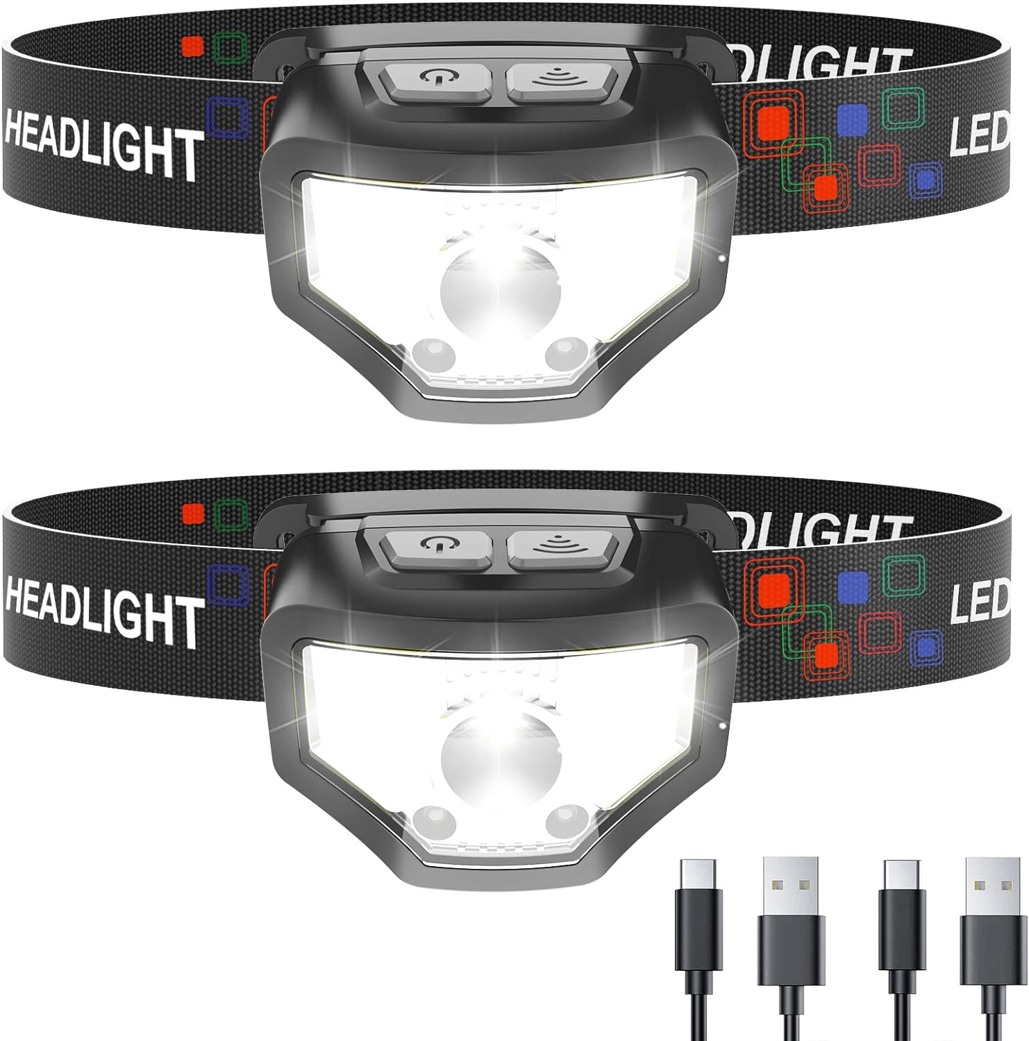 Headlamp Rechargeable, 2-Pack 1200 Lumen Super Bright with White Red LED Head Lamp Flashlight, 12 Modes, Motion Sensor, Waterproof, Outdoor Fishing Camping Running Cycling Headlight