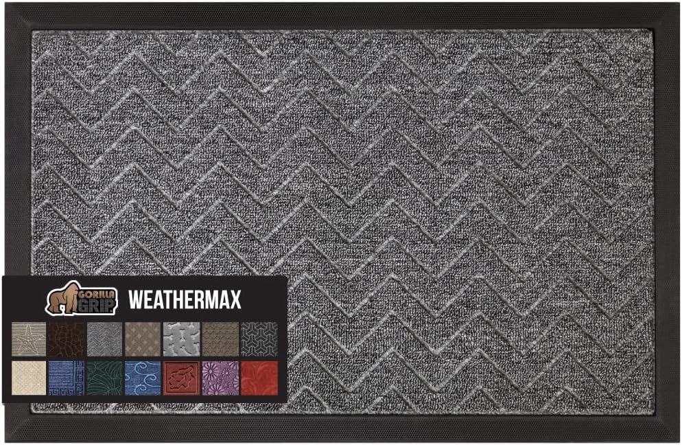 Gorilla Grip 100% Waterproof All-Season WeatherMax Doormat, Durable Natural Rubber, Stain and Fade Resistant, Low Profile, Indoor Outdoor Doormats, Easy Clean Patio Entrance Mat, 17x29, Steel Chevron