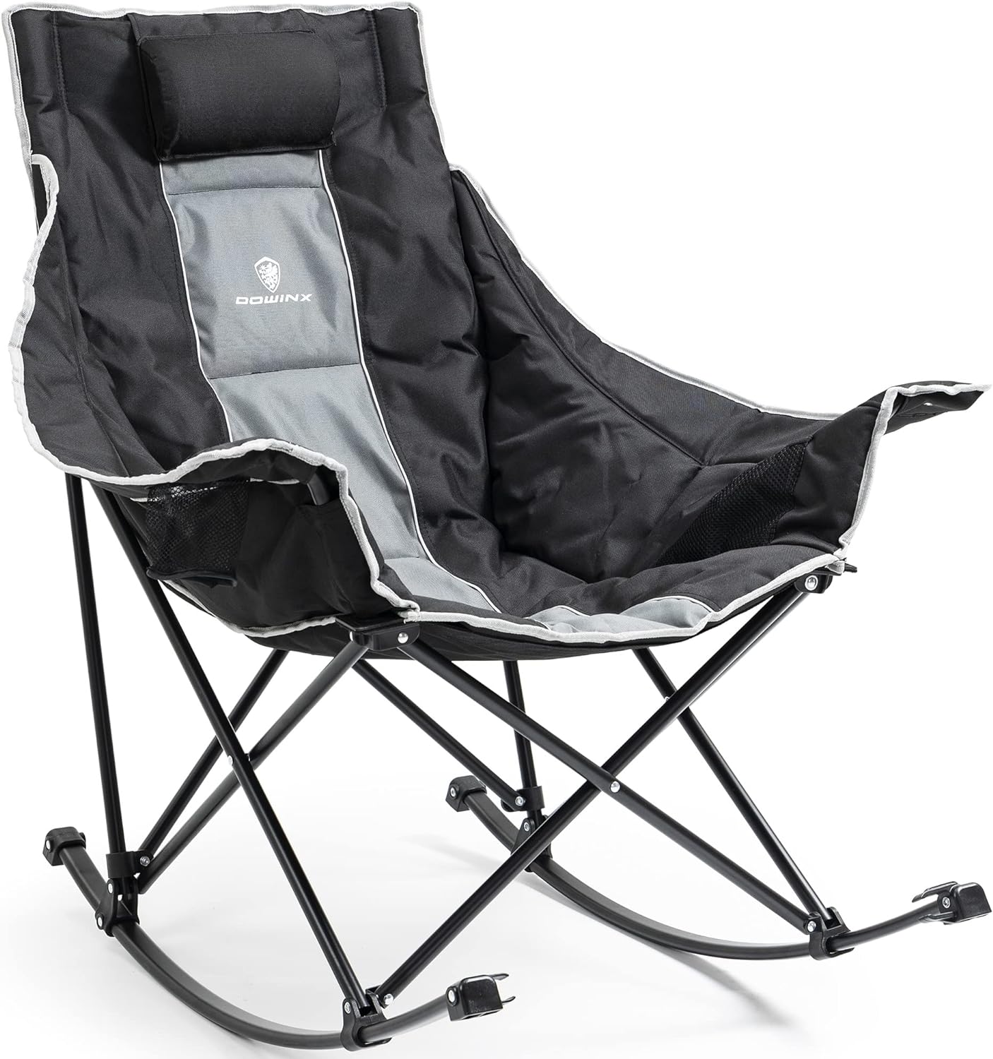 Dowinx Oversized Rocking Camping Chair, Fully Padded Patio Chair with Side Pocket and Carry Bag, High Back Portable Lawn Recliner with Headrest, Support 300 lbs, Grey