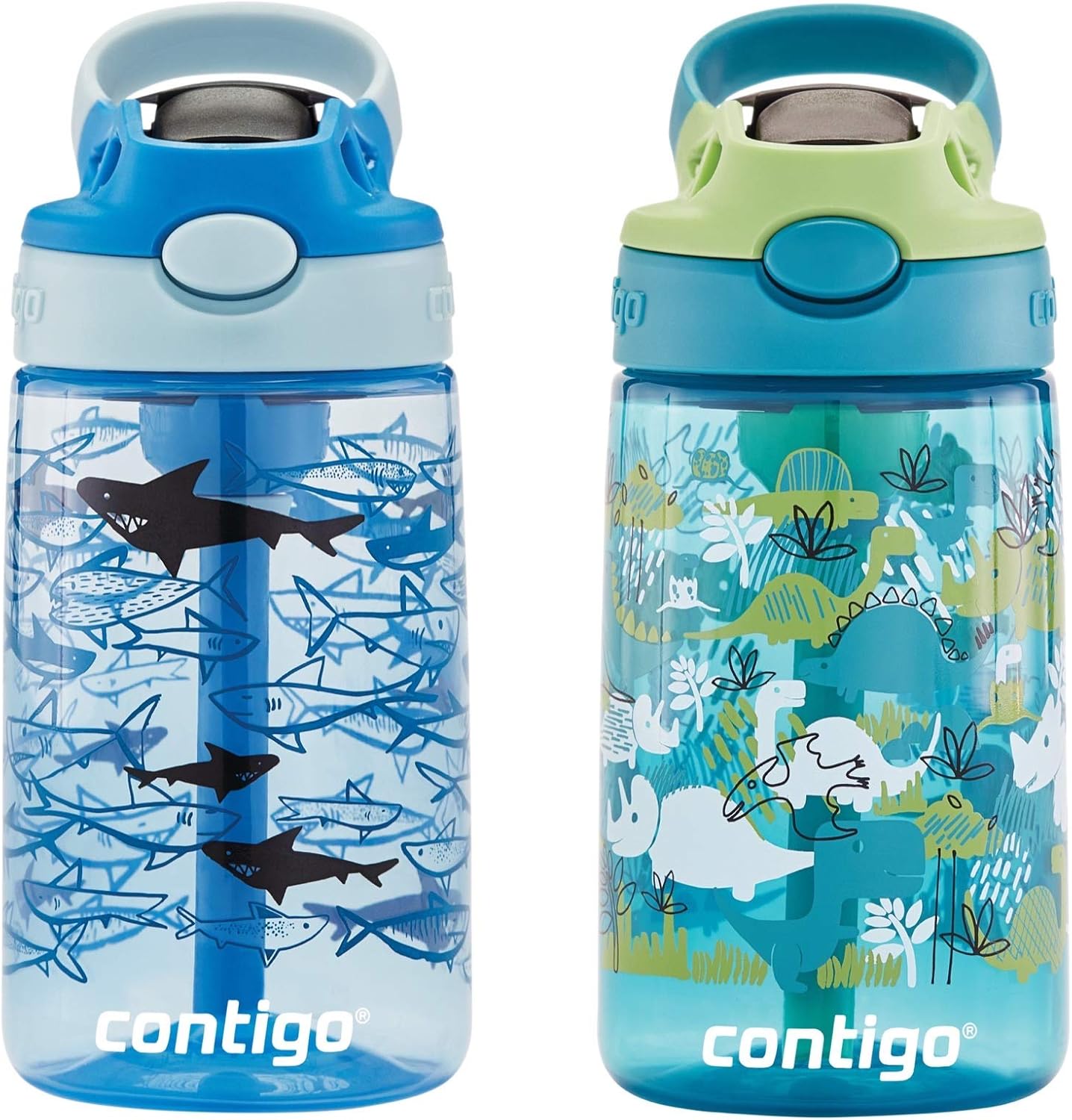 Contigo Aubrey Kids Dinos & Sharks, Cleanable Water Bottle with Silicone Straw, Spill-Proof Lid, Dishwasher Safe, 14oz 2-Pack