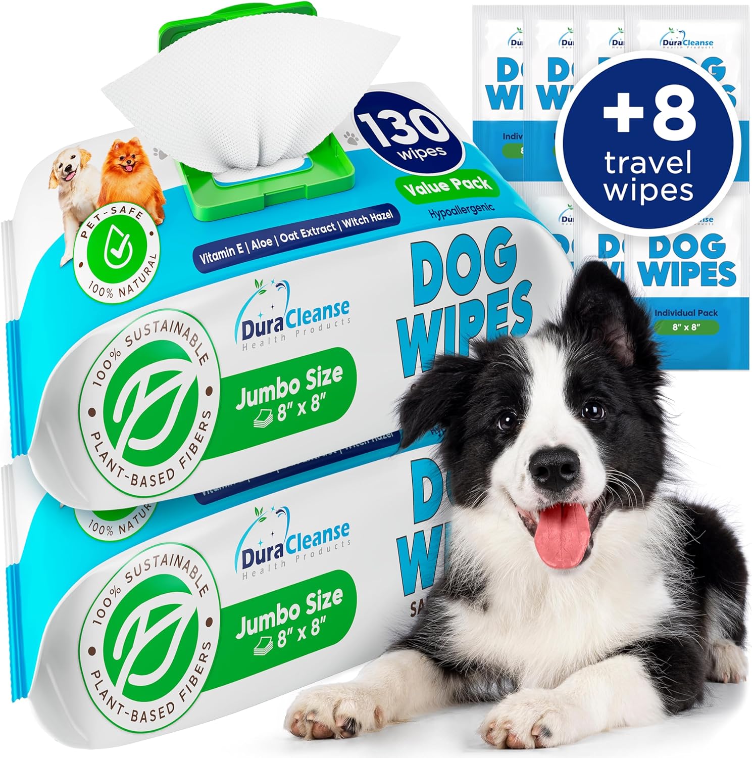 Dog Wipes for Paws Butt and Ears - 2 Pack | 260 Count   8 Travel Pet Wipes - 8" x 8" Large Dog Grooming Bath Wipes - Hypoallergenic, Extra Thick Cleaning Deodorizing Puppy Wipes for Dogs, Cats, Pets