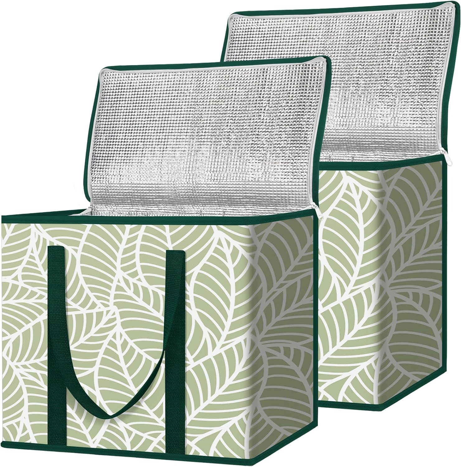 BALEINE 2Pk Insulated Reusable Grocery Bags, Collapsible Cooler Bag for Groceries, Heavy Duty Large Insulated Bag (16''x9''x13'', Antique Foliage)