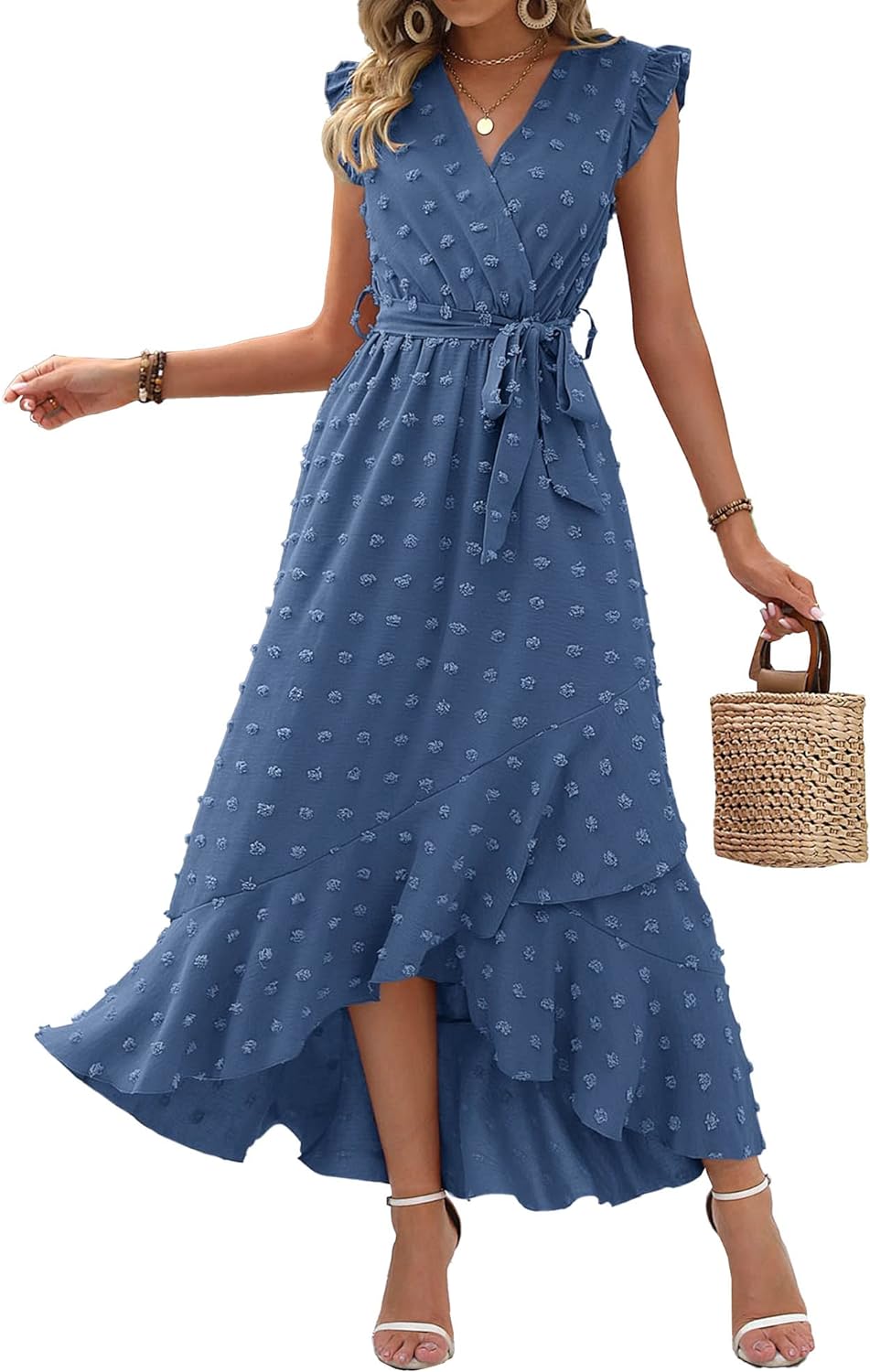 BTFBM Women' 2024 Summer Wrap V Neck Dress Ruffle Sleeve Swiss Dot Boho Ruffle Slit Beach Party Flowy Long Maxi Dresses