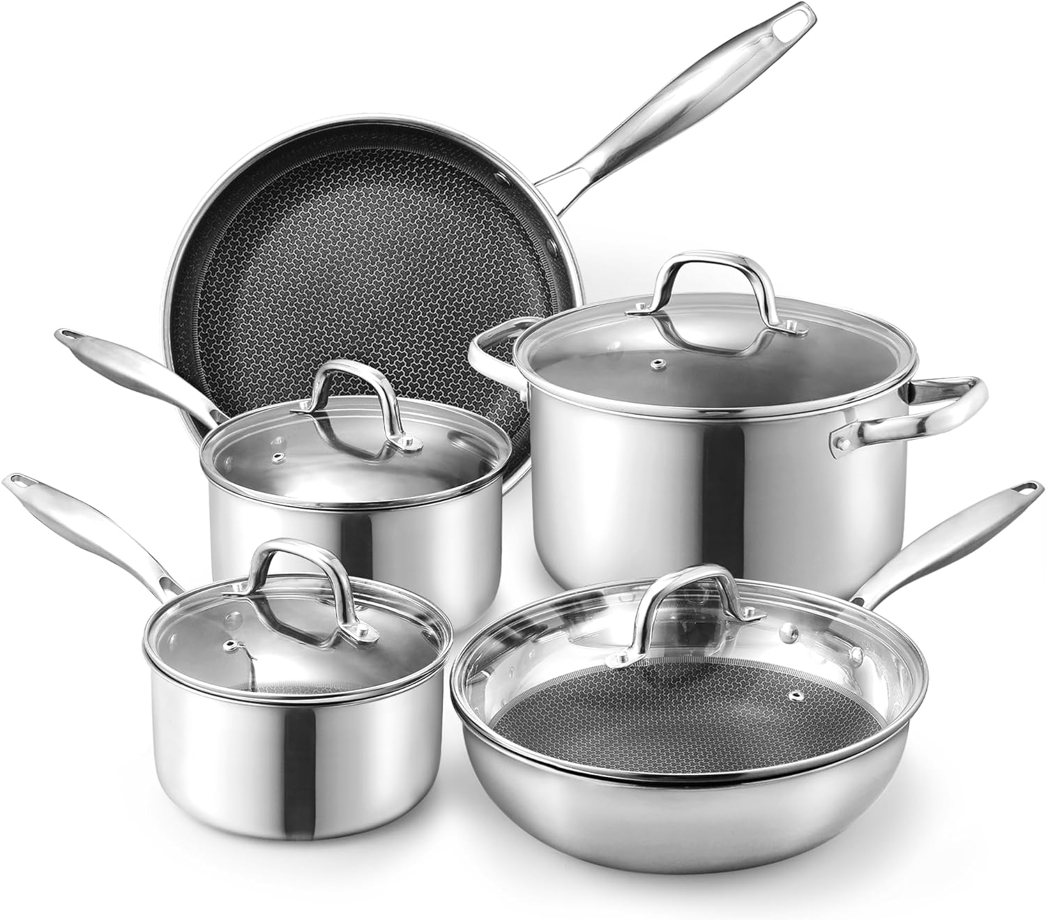 CAROTE Tri-Ply Stainless Steel Nonstick Cookware Set, 9Pcs Stainless Steel Pots and Pans Set Non Stick Fast Heating with Tempered Glass Lids, Stay-Cool Handles, Dishwasher and Oven Safe up to 500��F