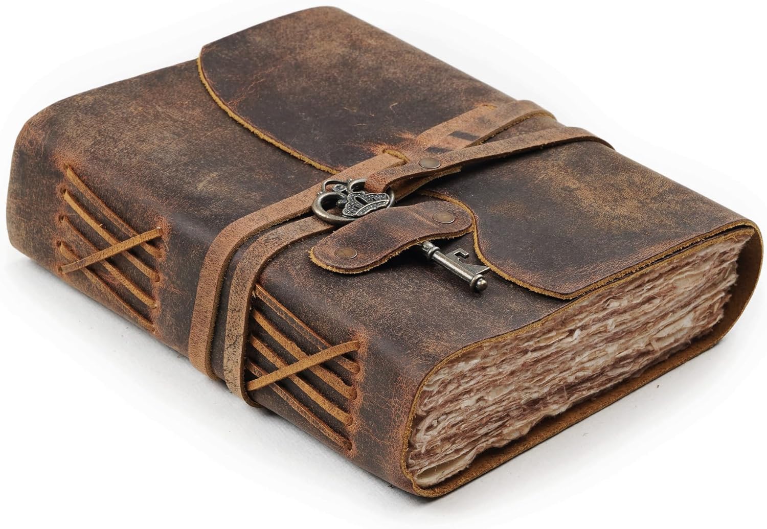 LEATHER VILLAGE Vintage Leather Journal  200 Handmade Vintage Deckle Edge Paper  Leather bound Journal For Women Men  Vintage Key Closure - Book of Shadows - Cappuccuno Brown - 6X4 inches (A6)