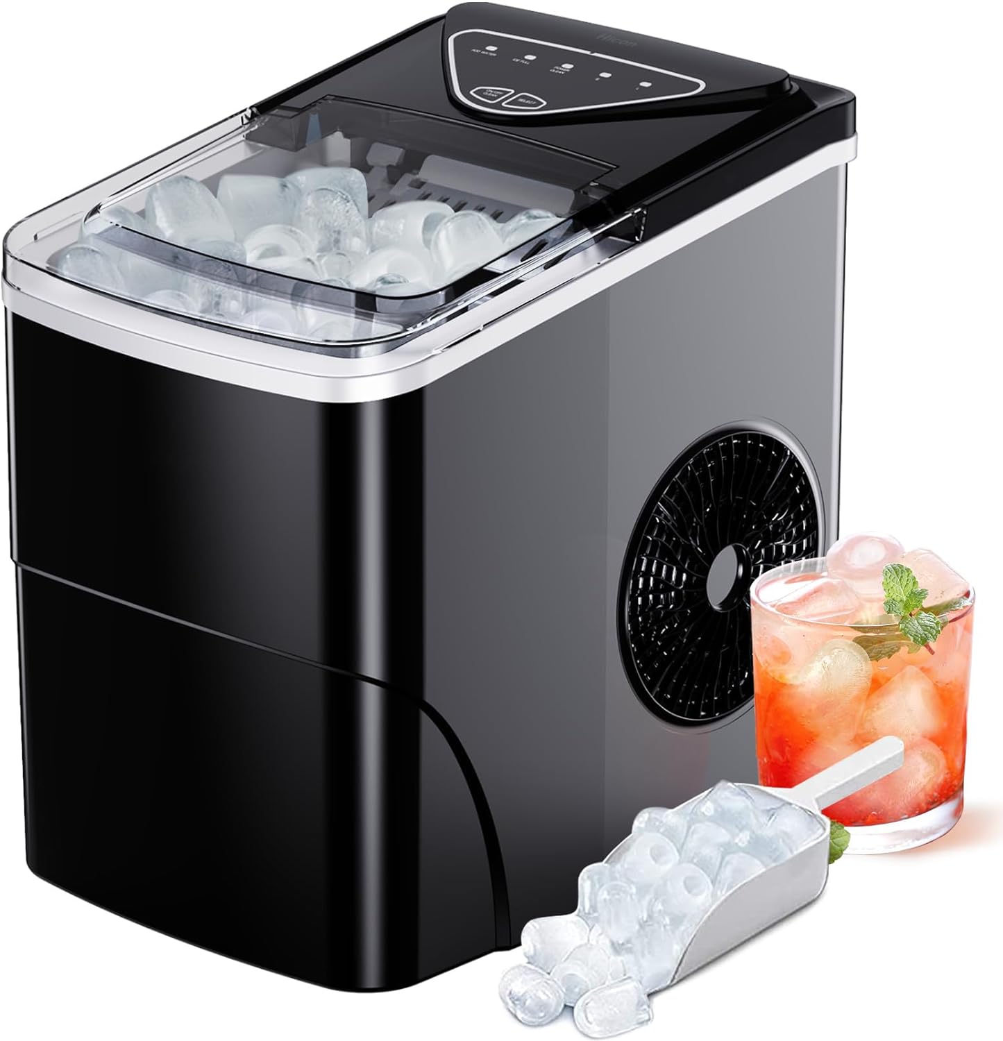 Silonn Ice Makers Countertop, 9 Cubes Ready in 6 Mins, 26lbs in 24Hrs, Self-Cleaning Ice Machine with Ice Scoop and Basket, 2 Sizes of Bullet Ice for Home Kitchen Office Bar Party, Black