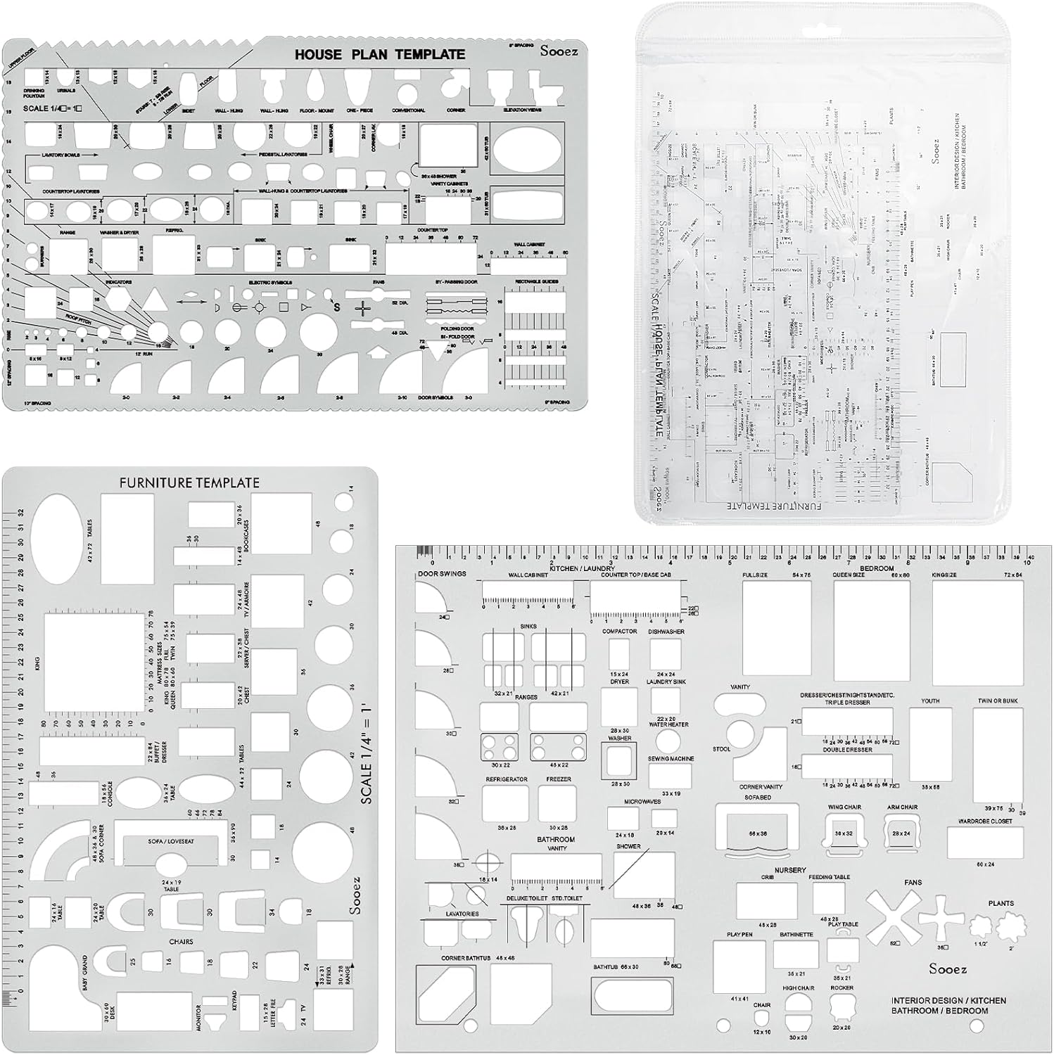 Sooez Architectural Templates, House Plan Template, Interior Design Template, Furniture Template, Drawing Template Kit, Drafting Tools and Supplies, Template Architecture Kit, Set of 3