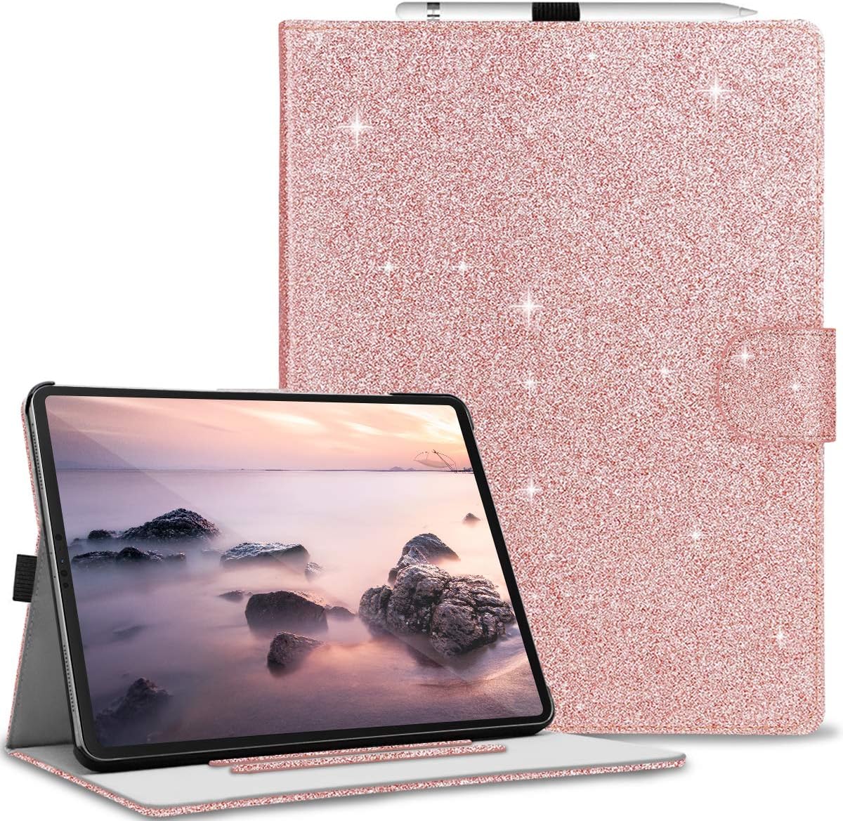 Fingic iPad Air 13 inch Case 2024,iPad Pro 12.9 inch 2022/2021/2020/2018 Case Glitter with Pencil Holder PU Leather Folio Smart Stand Magnetic Auto Wake/Sleep Shockproof Case for iPad Pro 12.9 6/5/4/3