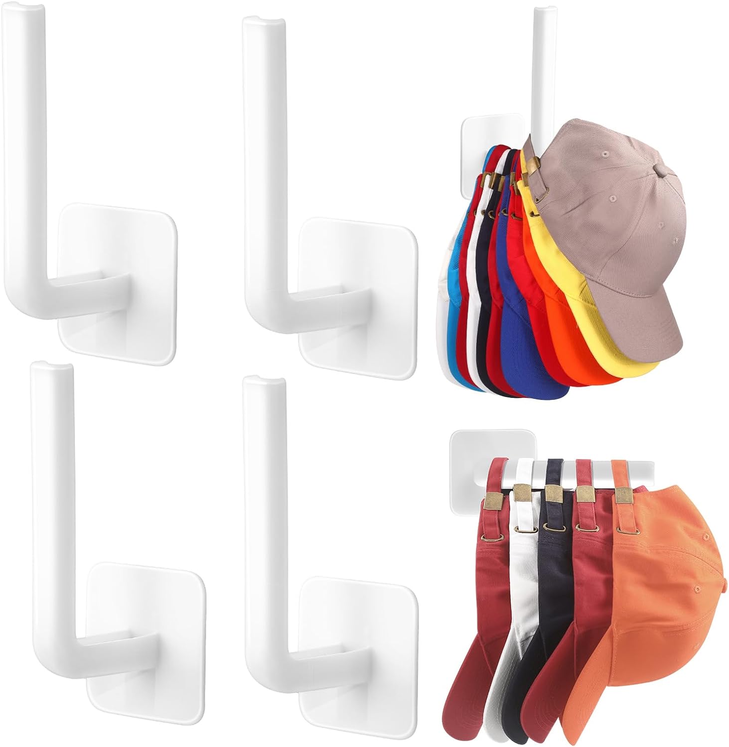 Hat Hooks for Wall, 4 Pcs Adhesive Hat Hangers Organizer Holder for Closet/Door, Multi-Purpose Strong Hook Rack Can Hold More Than 10 Hats Black