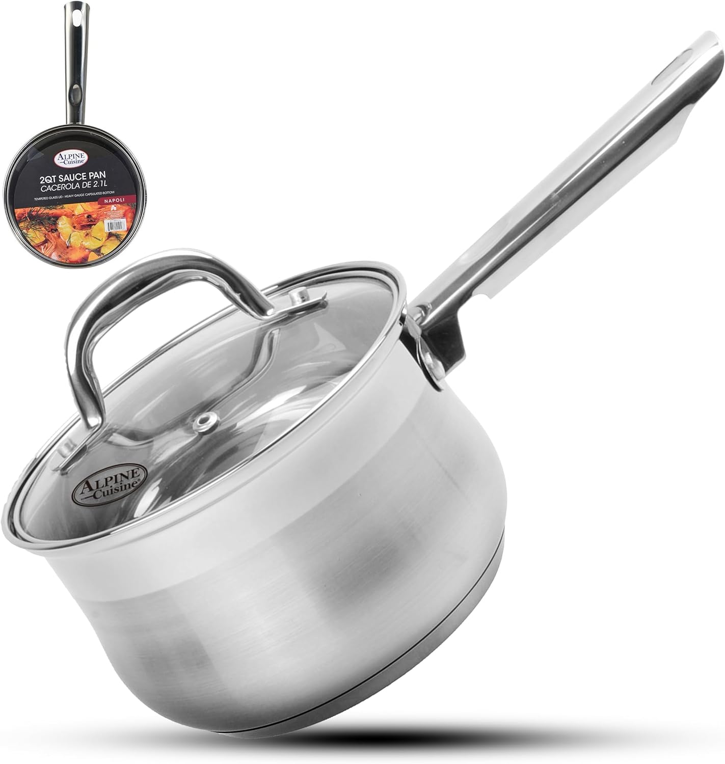 Alpine Cuisine Belly Shape Sauce Pan 2 Quart | Stainless Steel Cookware Saucepan with Glass Lid & Ergonomic Handle | Suitable for Home Kitchen Cooking Milk Soup Pasta, Dishwasher Safe & Rustproof