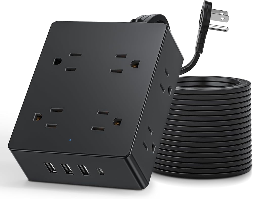 Surge Protector Power Strip 10 ft Cord, Olcorife Ultra Thin Flat Plug Extension Cord, 8 Outlets 4 USB Ports(1 USB C), 1080J, Wall Mount Outlet Extender, College Dorm Room Essentials, Black