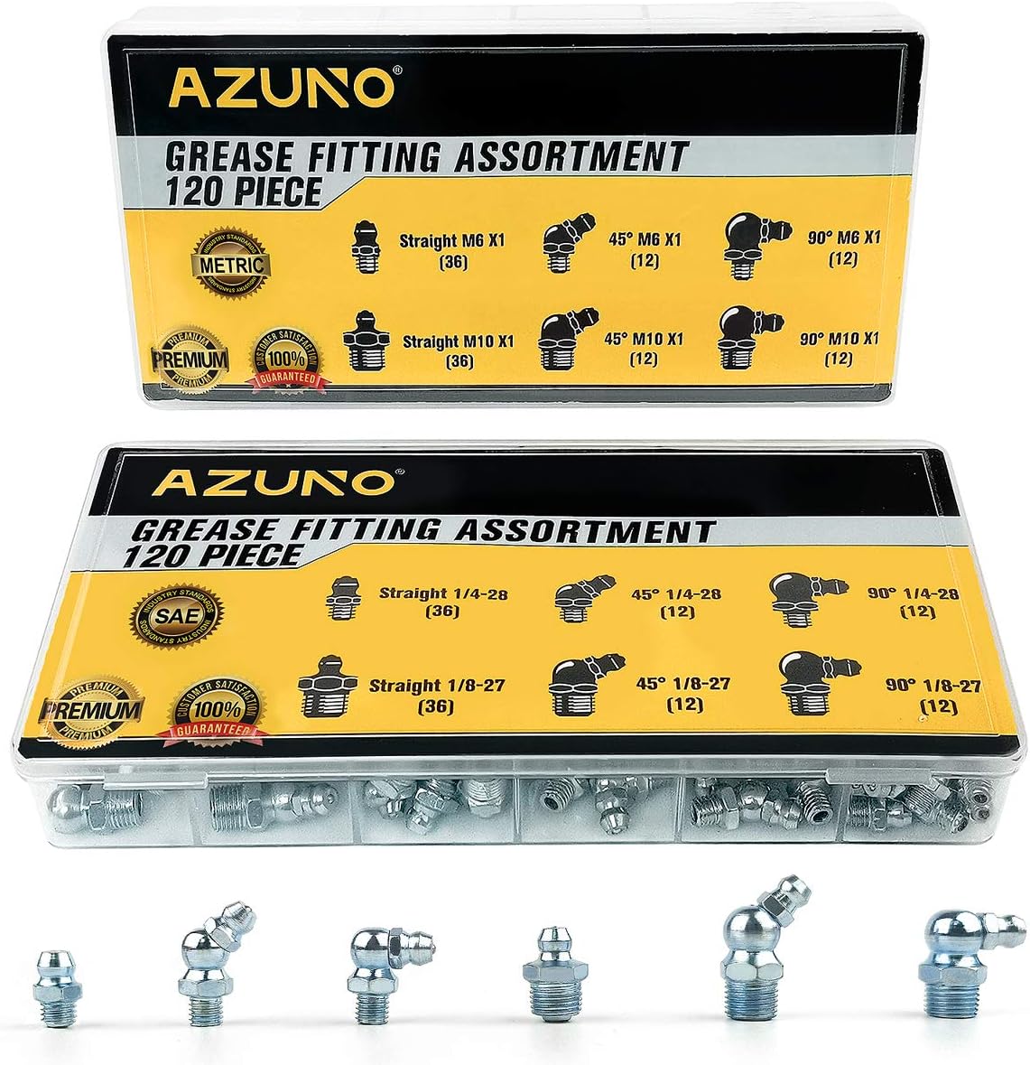 AZUNO Hydraulic Grease Fittings, 240 Pieces SAE & Metric Grease Fitting Assortment with 120 PCS Grease Fitting Caps, Standard Grease Gun Fittings Perfect for Replacing Missing or Broken Zerk Fitting