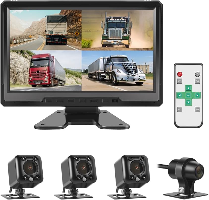 VSYSTO 10.1'' Monitor 4CH Truck Dash Cam with Sunshade, 1/2/3/4 Split Screen Backup Camera System with Front & Sides & Rear Cameras Infrared Night Vision Lens for Semi Trailer Van Tractor RVs