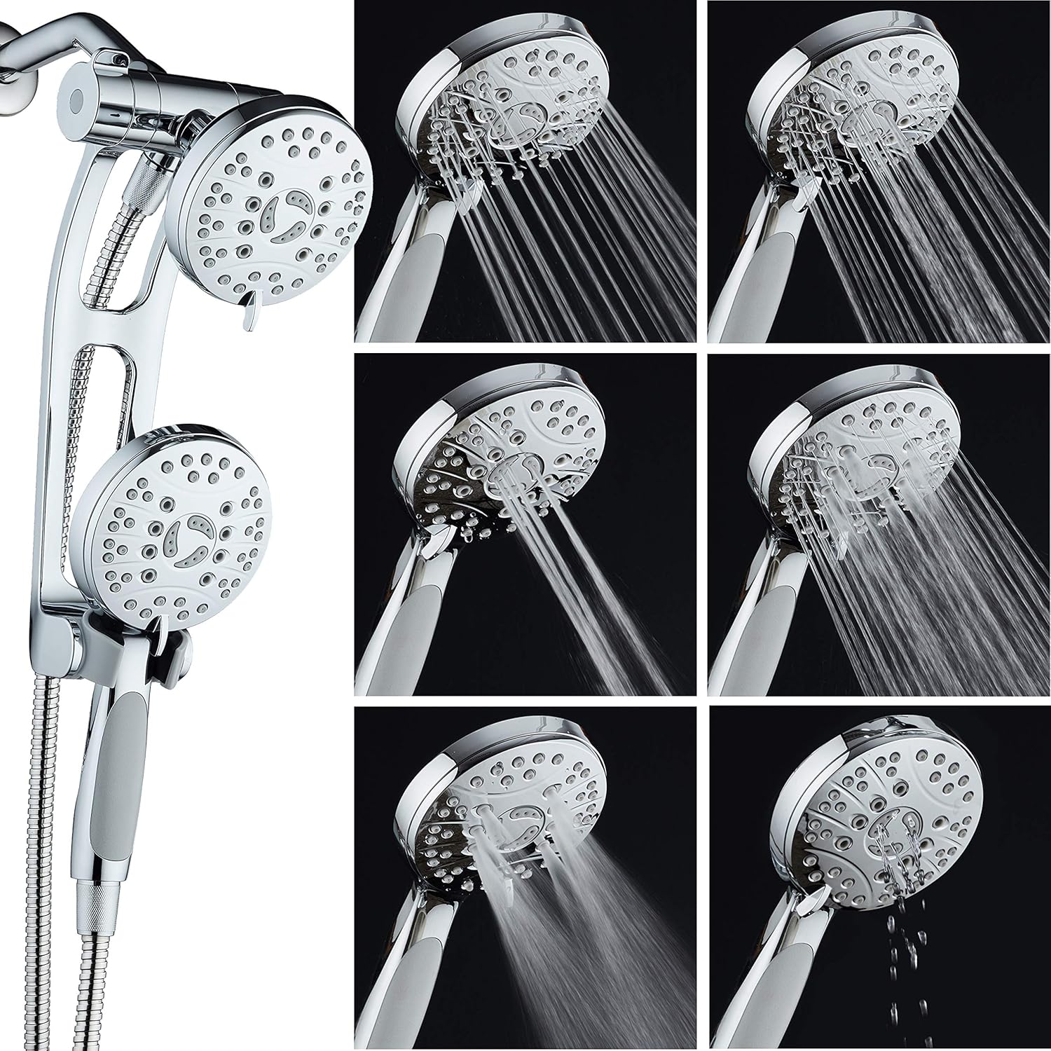 High Pressure 48-mode Luxury 3-way Combo with Adjustable Extension Arm  Dual Rain & Handheld Shower Head  Extra Long 6 Foot Stainless Steel Hose  All Chrome Finish  Top US Brand