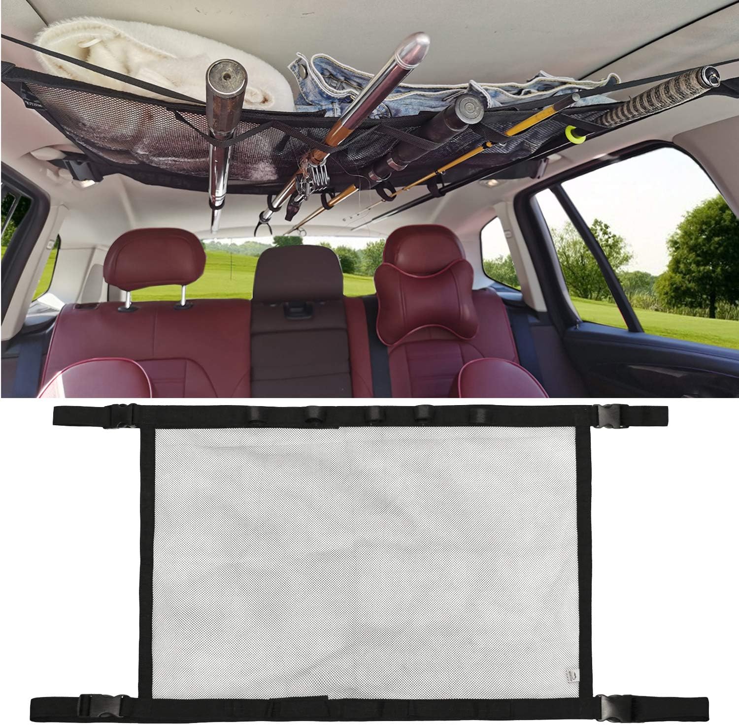 Car Fishing Rod Holder, SUV Ceiling Storage Net, Interior Car Roof Rack Mesh Storage Rack Polyester Mesh Sundries Organizers for Long Travel and Fishing (Black1, L)