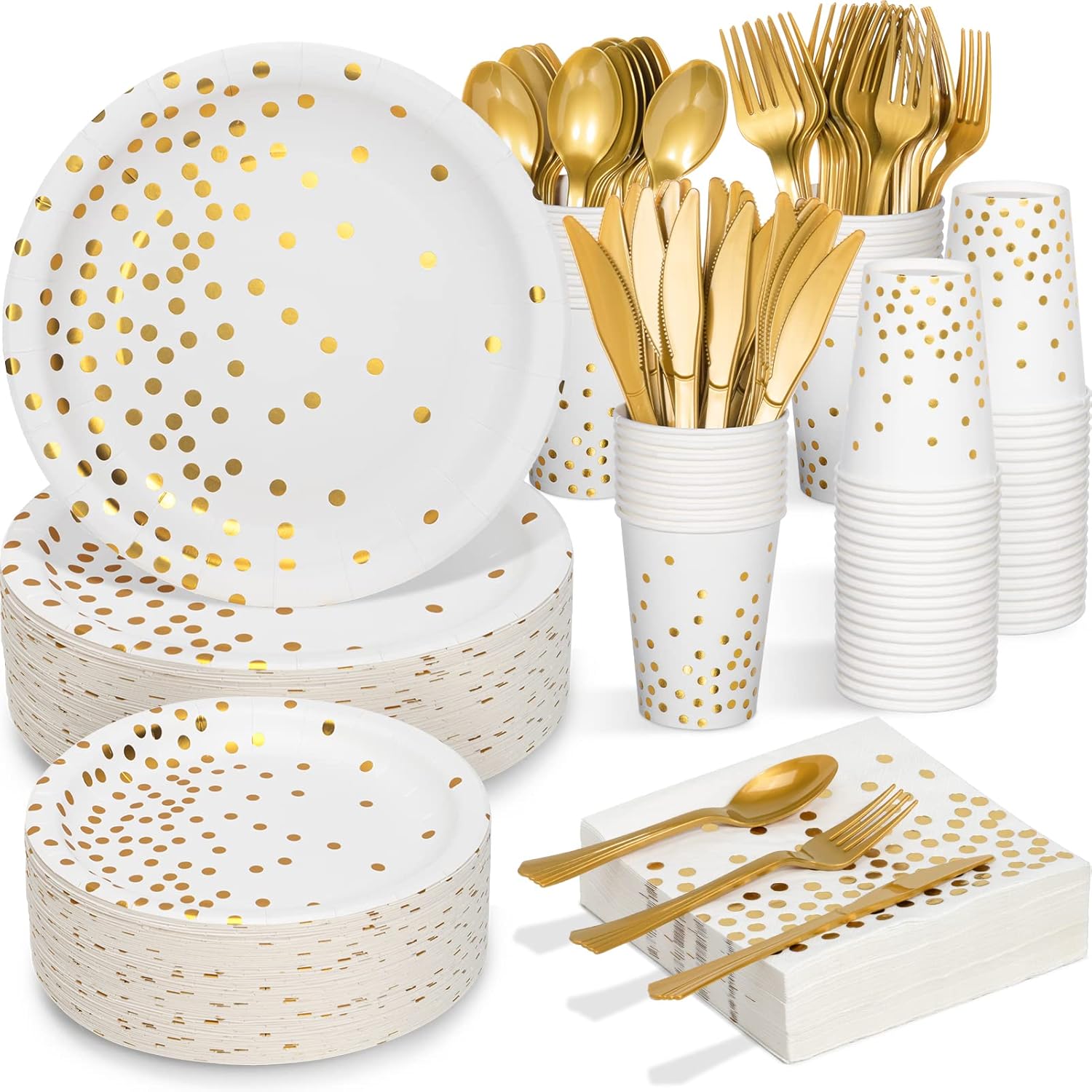 White and Gold Party Supplies - 350PCS Disposable Dinnerware Set Paper Plates Napkins Cups Plastic Forks Knives Spoons for Birthday Bridal Shower Wedding Graduation Baptism Confirmation Anniversary