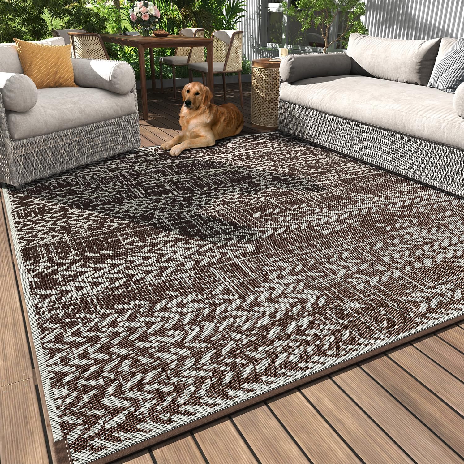 MontVoo Outdoor Rug 8x10 Waterproof-Patio Rug Mat Outdoor Carpet Reversible RV Camping Picnic Plastic Straw Rug Outside Outdoor Area Rug for Balcony Deck Backyard Patio Decor Boho Modern Brown