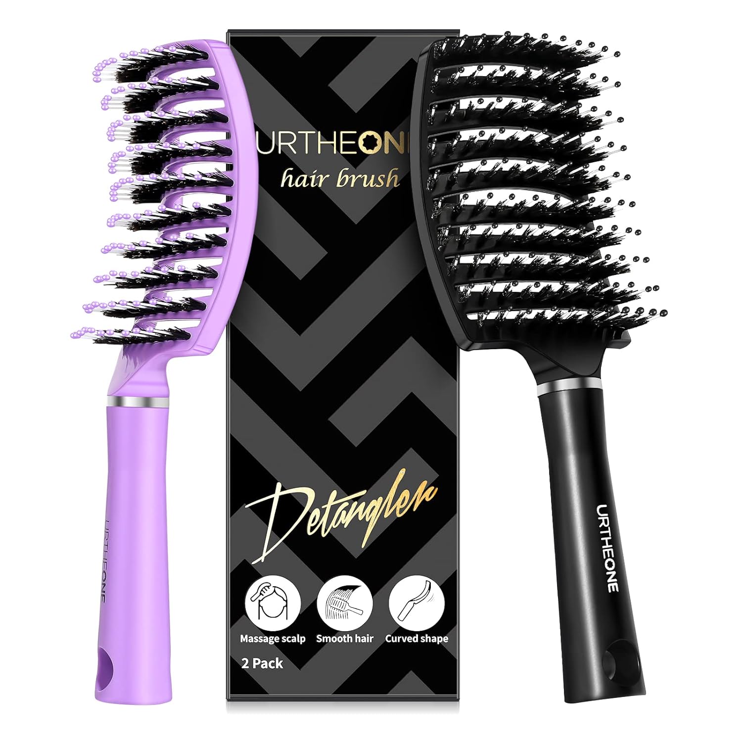 Hair Brush,URTHEONE Detangling Hairbrush Boar Bristle Curved Vented Hair Brush for Women Men Kids Curly Thick Long Short Wet or Dry Hair, Faster Blow Drying(2Pack, Black&Purple