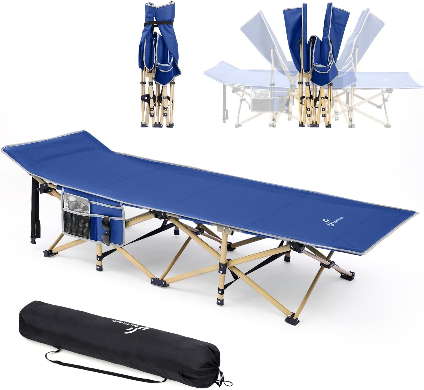 Sportneer Camping Cots for Adults, Camp Cot 2 Side Pockets Cots for Sleeping 450LBS(Max Load) Portable Folding Cots Extra Wider Cot with Carry Bag for Camping Beach Lounging BBQ Hiking Office