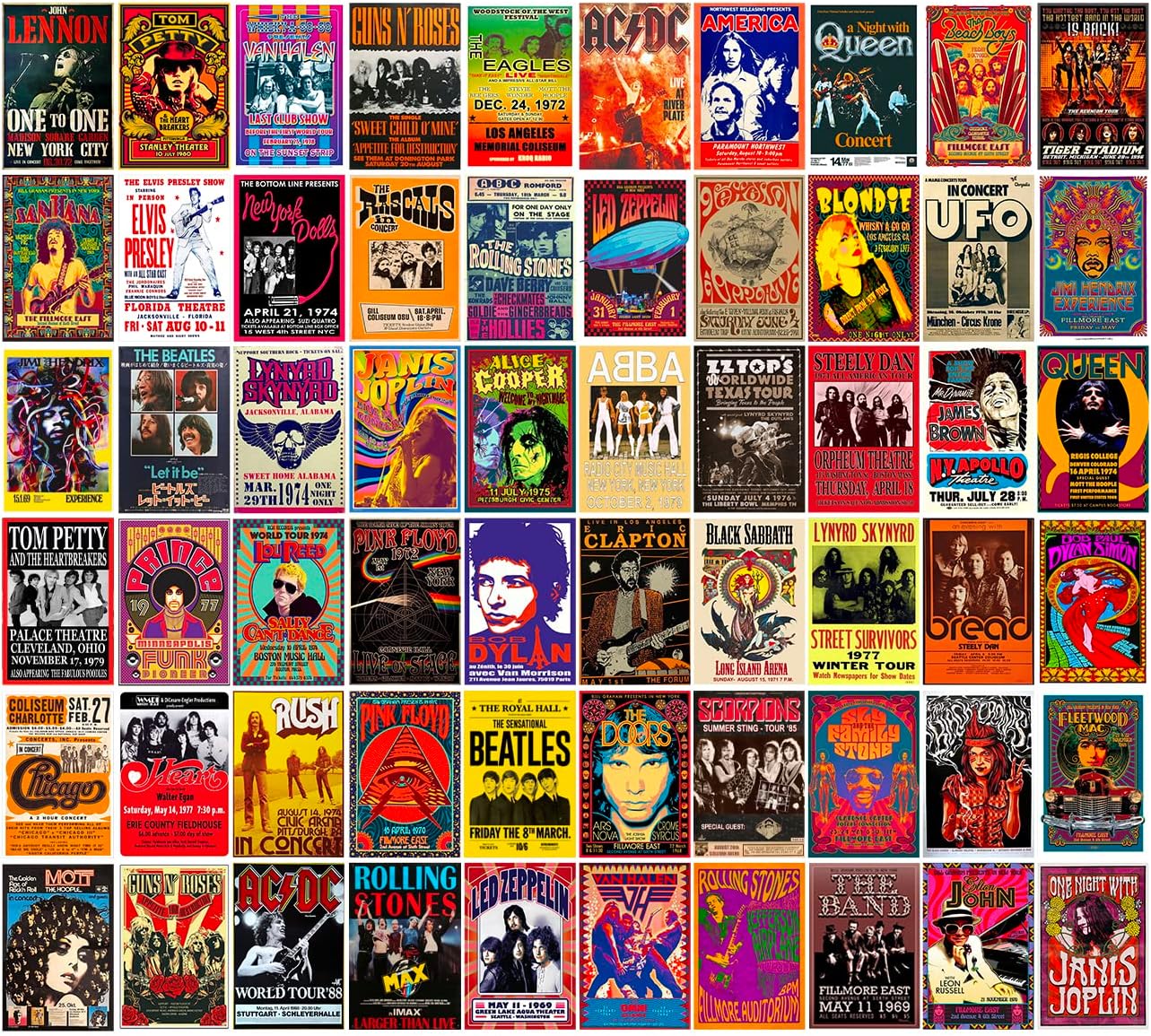 Woonkit 60 PC Vintage Rock Band Posters for Room Aesthetic, 70s 80s 90s Retro Music Room, Bedroom Decor Wall Art, Music Concert Poster Wall Collage, Old Music Album Cover Prints (A 60 SET, 4X6 INCH)